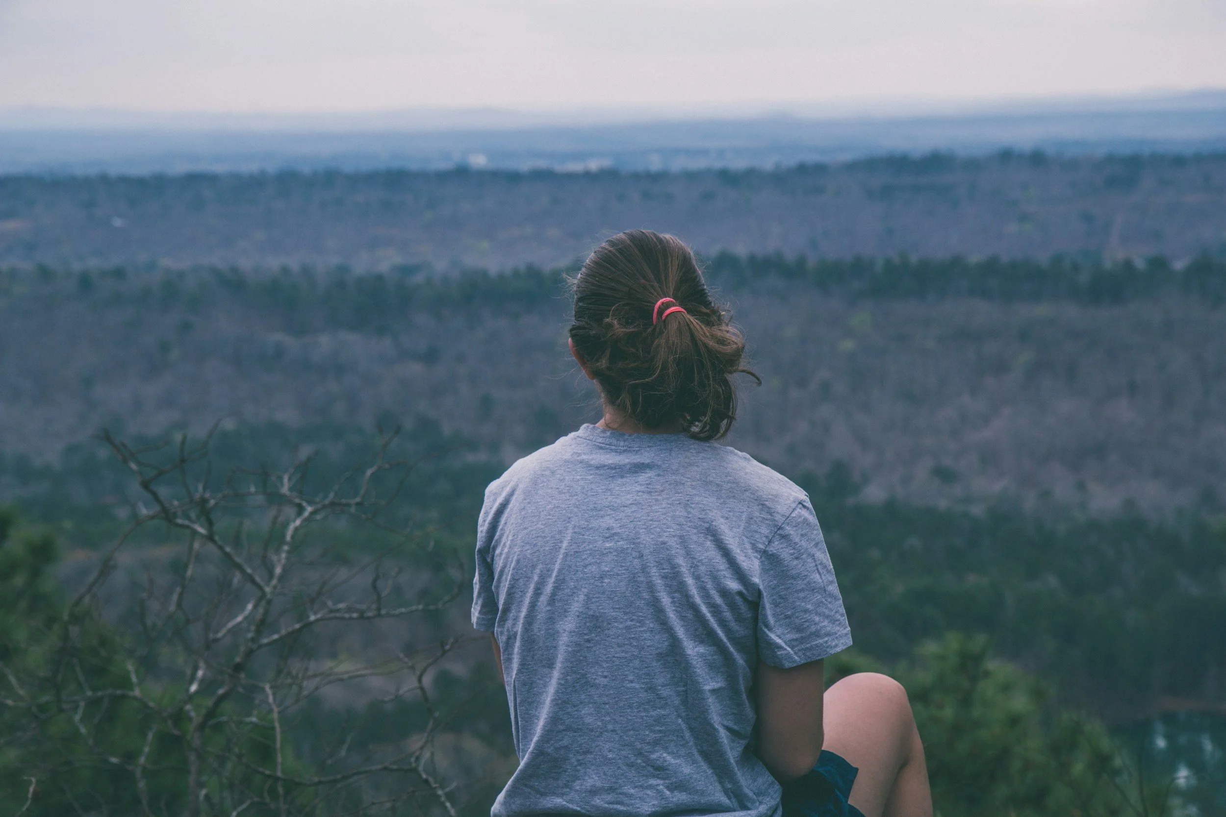 A person with brown hair tied in a ponytail, wearing a gray t-shirt, sitting outdoors on a hilltop or mountain, overlooking a vast forest landscape with hills and trees, during twilight or early evening.