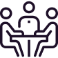 Outline of three people sitting around a table