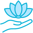 A hand holding a stylized blue lotus flower with water beneath it.