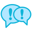 Two blue speech bubbles with exclamation marks inside