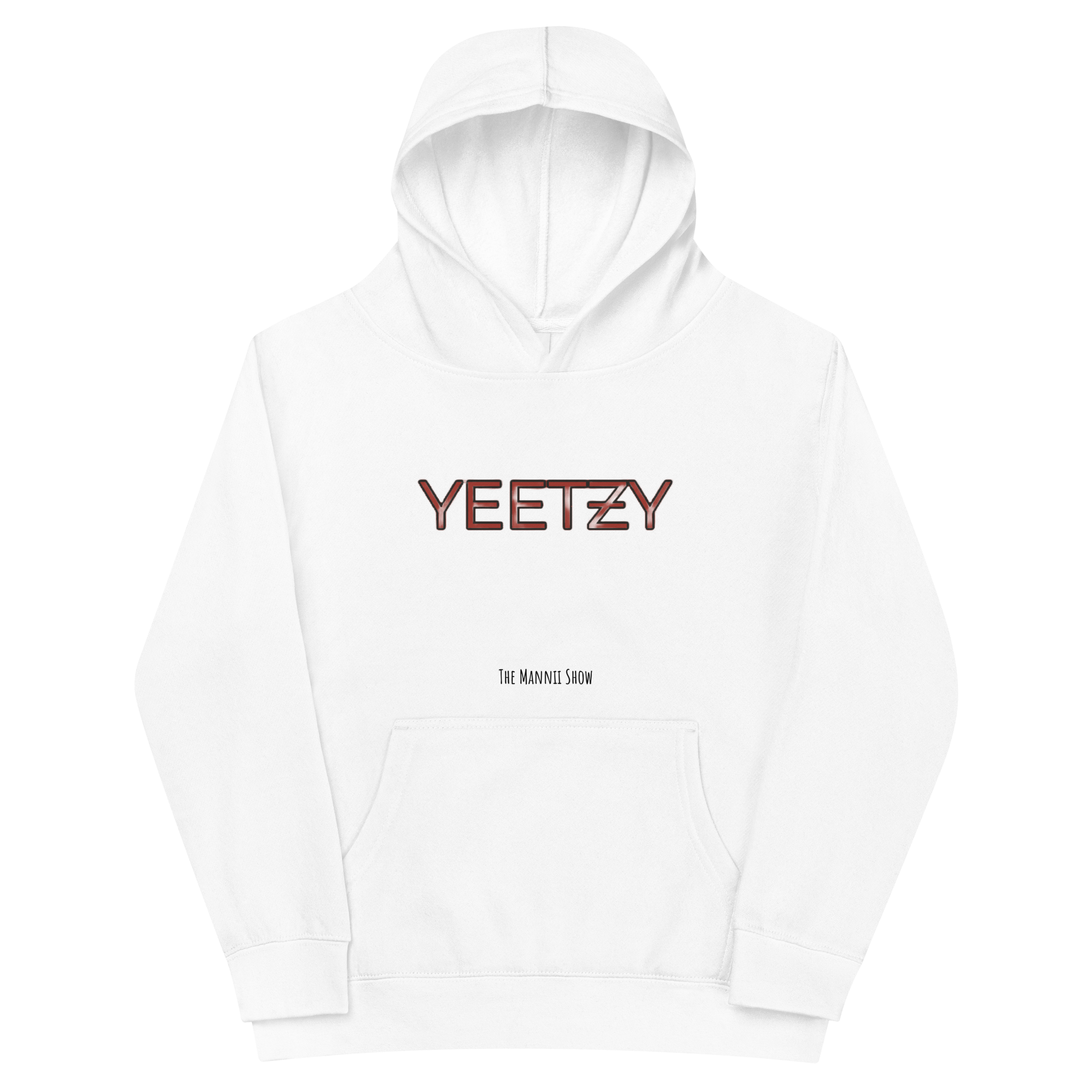 White YEETZY unisex fleece hoodie close-up from THE MANNII SHOW and THE MANNII STORE