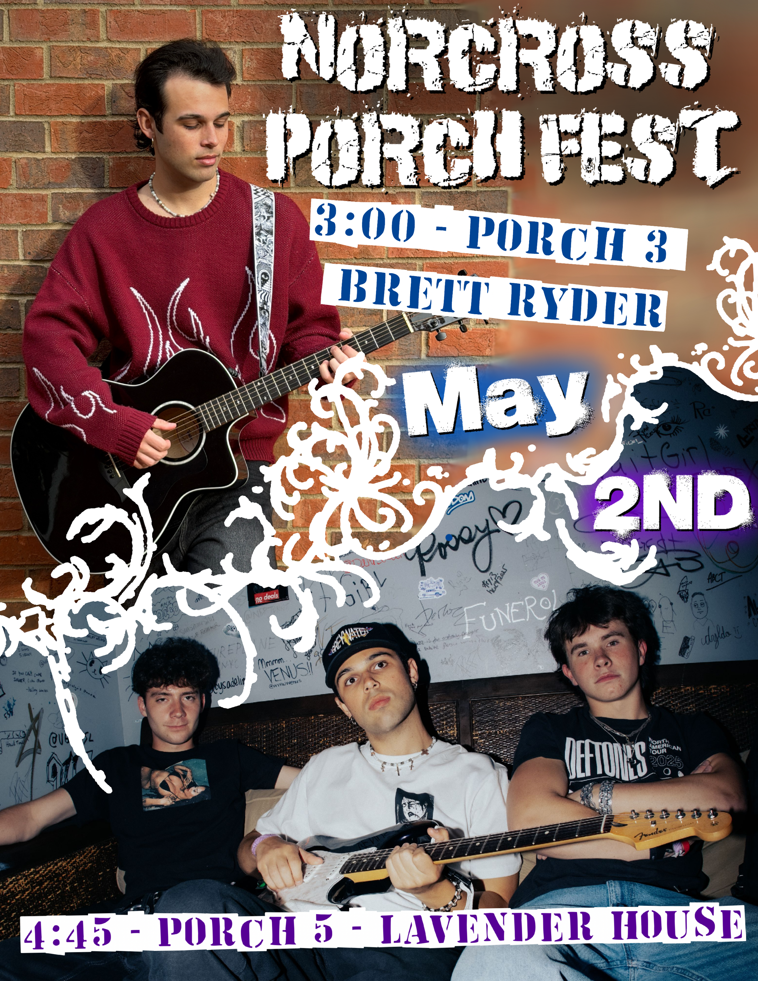 A promotional poster for a music event titled 'NOREGROSS PORCH FEST'. It features a young man with dark hair playing a black acoustic guitar against a brick wall. The event is scheduled for 3:00 pm at Porch 3, hosted by Brett Rydder, and also includes a second act at 4:45 pm at Porch 5 in Lavender House. The poster is decorated with white snowflake-like drawings and includes signatures and messages from fans.