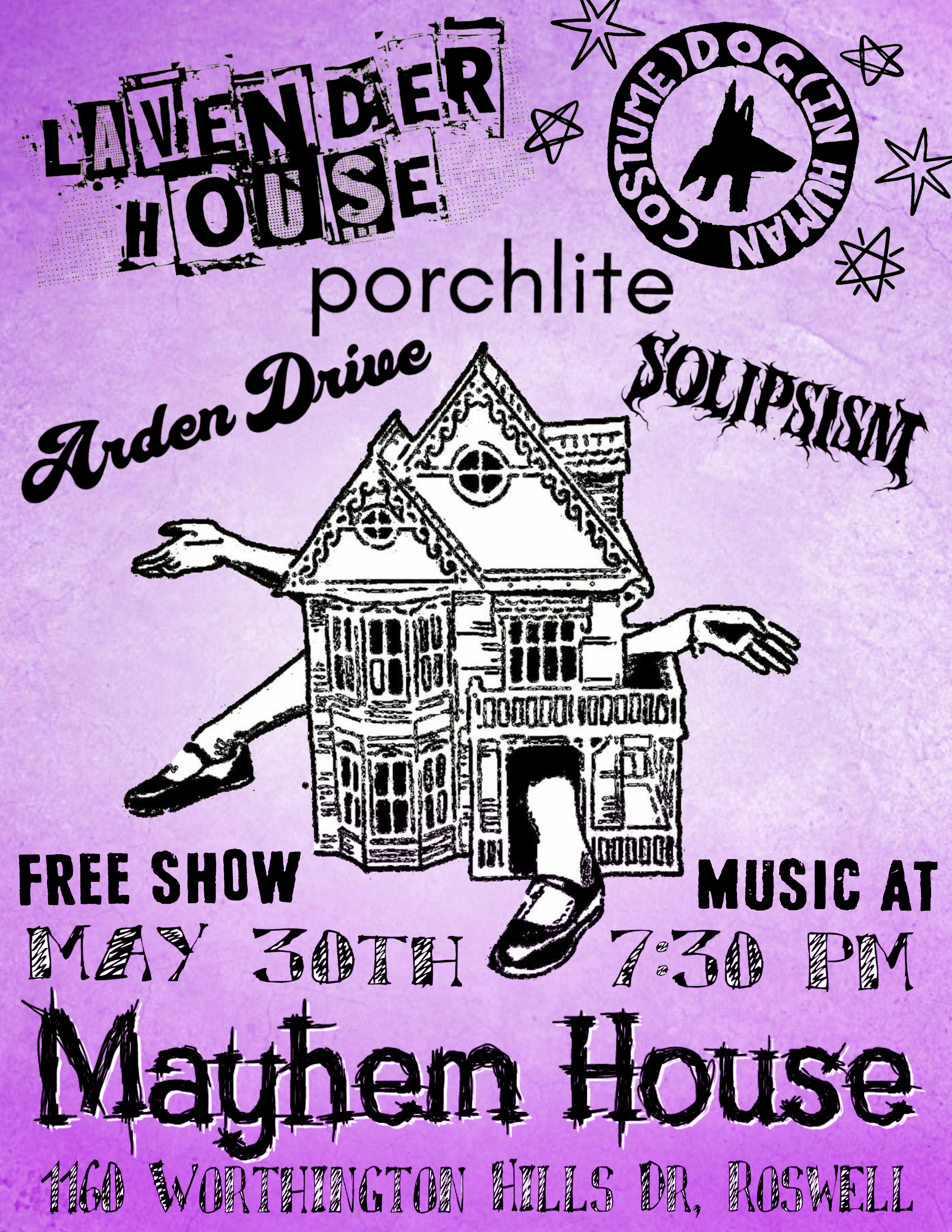Event poster with a purple background promoting a free music show at Mother House on May 30th at 7:30 PM, featuring a black and white illustration of a house with outstretched arms. The poster includes various stylized texts and decorative elements like stars and atomic symbols.
