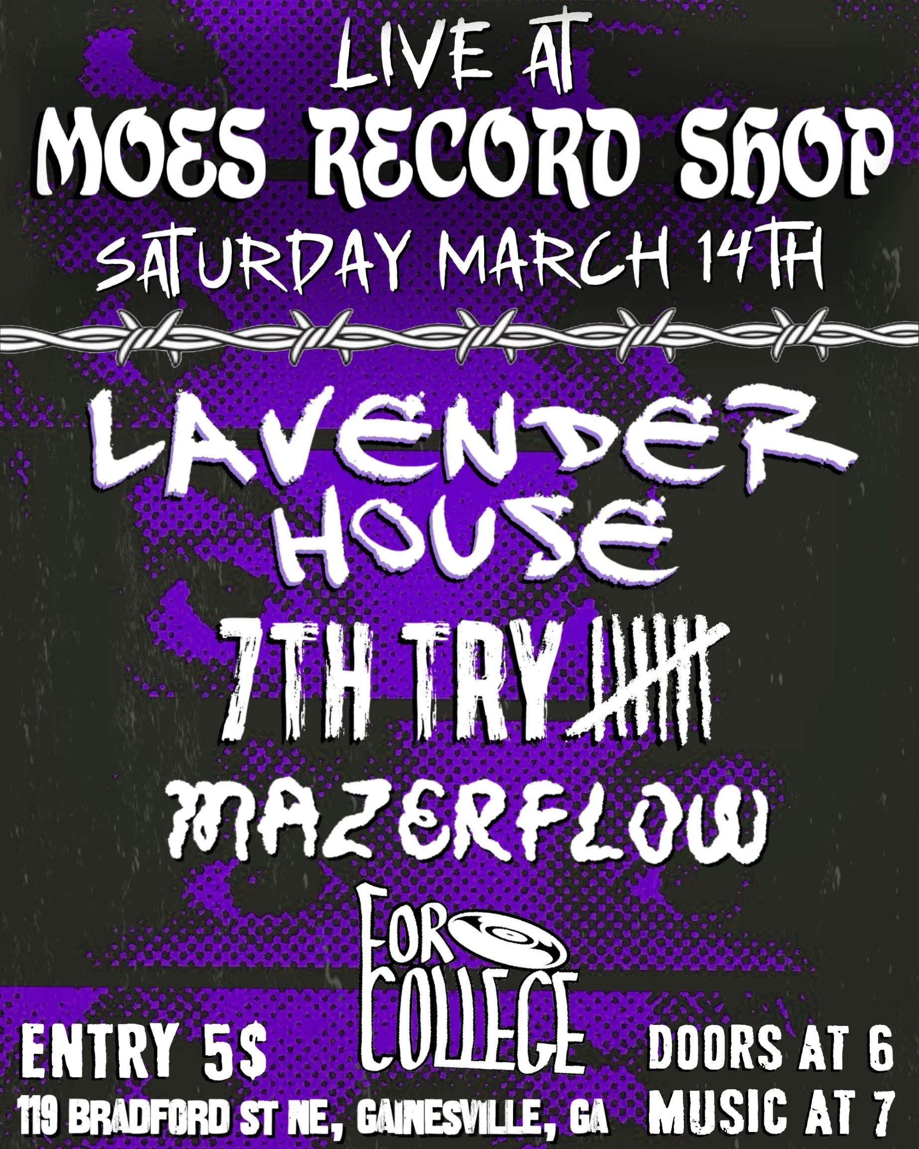 Promotional poster for Mose Records Shop, featuring event details for Saturday, March 14th, with information about entry fee, address, and music genres, including country, house, and others.