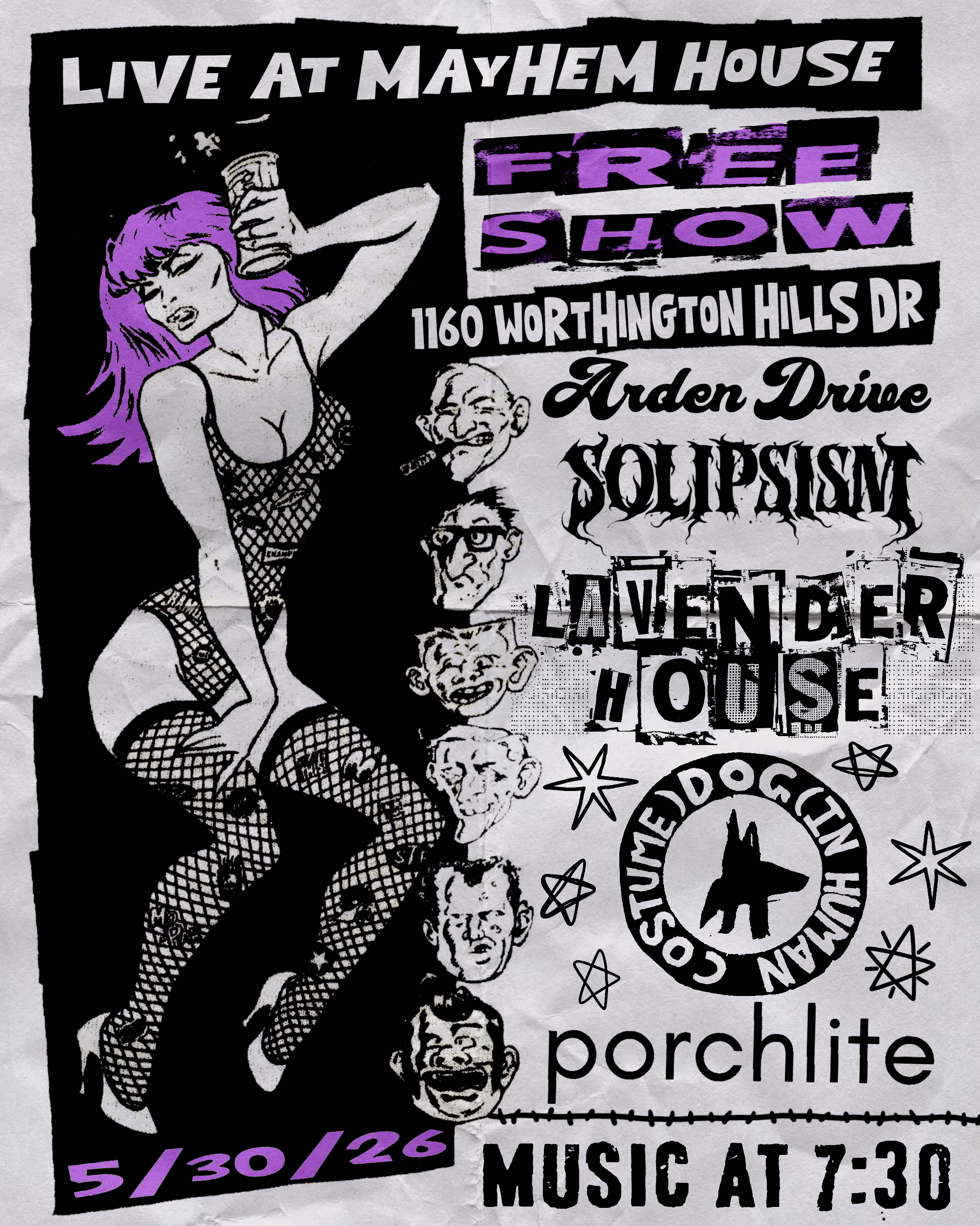 A black and white poster with purple accents promoting a live music event at Mayhem House, featuring illustrations of people with exaggerated facial expressions and punk style. The poster includes event details such as address, date, time, and band names.