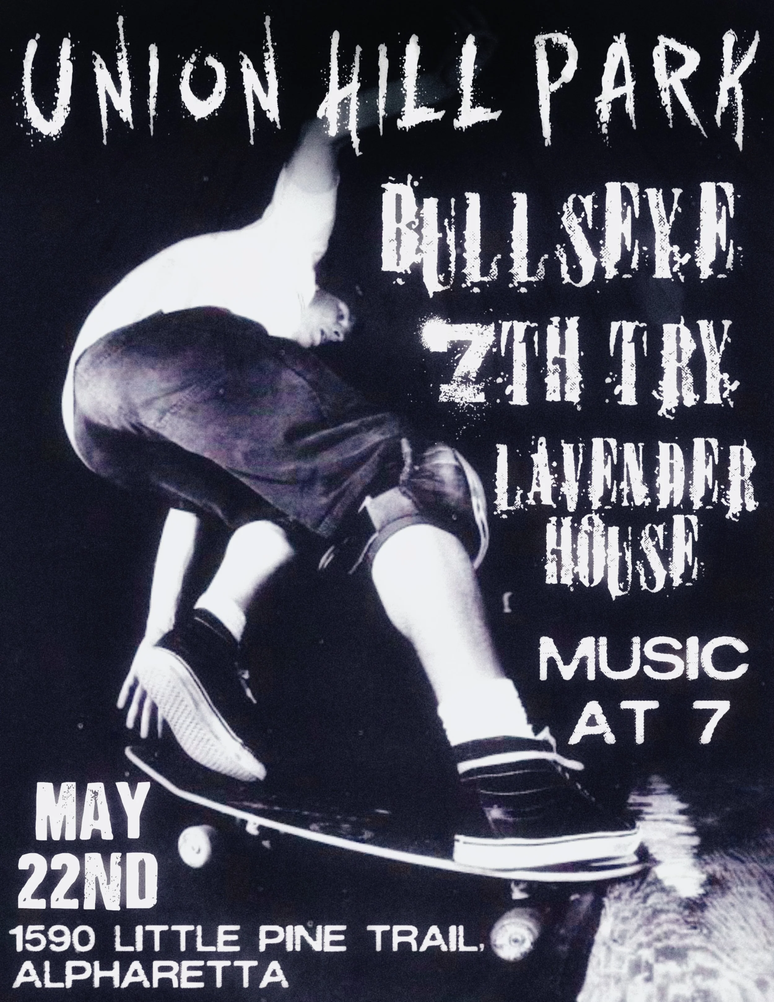 Black and white poster for an event at Union Hill Park featuring a person on a skateboard, with text indicating dates in May and June, and the event happening at Little Pine Trail, Alpharetta.