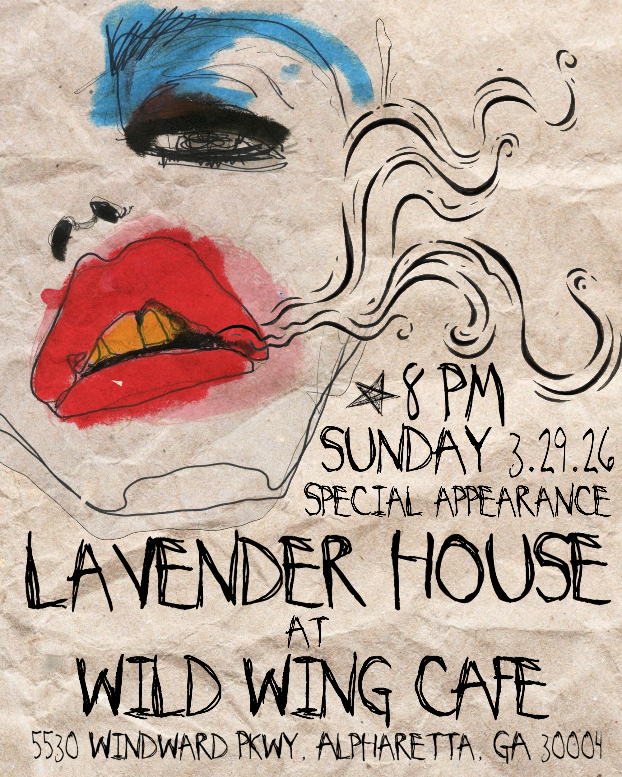 A hand-drawn poster advertising a music event at Avalon House, featuring a stylized face with blue eye makeup and red lips, with the event details written in black marker, including date, time, and location.