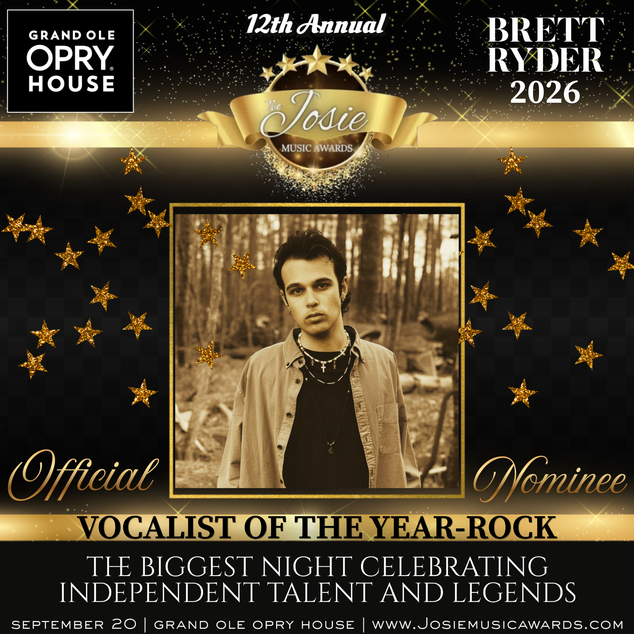 Promotional banner for the 12th Annual Brett Ryder 2026 The Josie Music Awards, with a black background, gold stars, and gold accents, announcing the event's date and details.