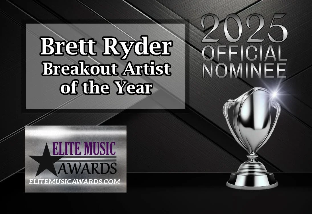Award banner for Brett Ryder, a 2025 official nominee for Breakout Artist of the Year, with a silver trophy and Elite Music Awards logo.