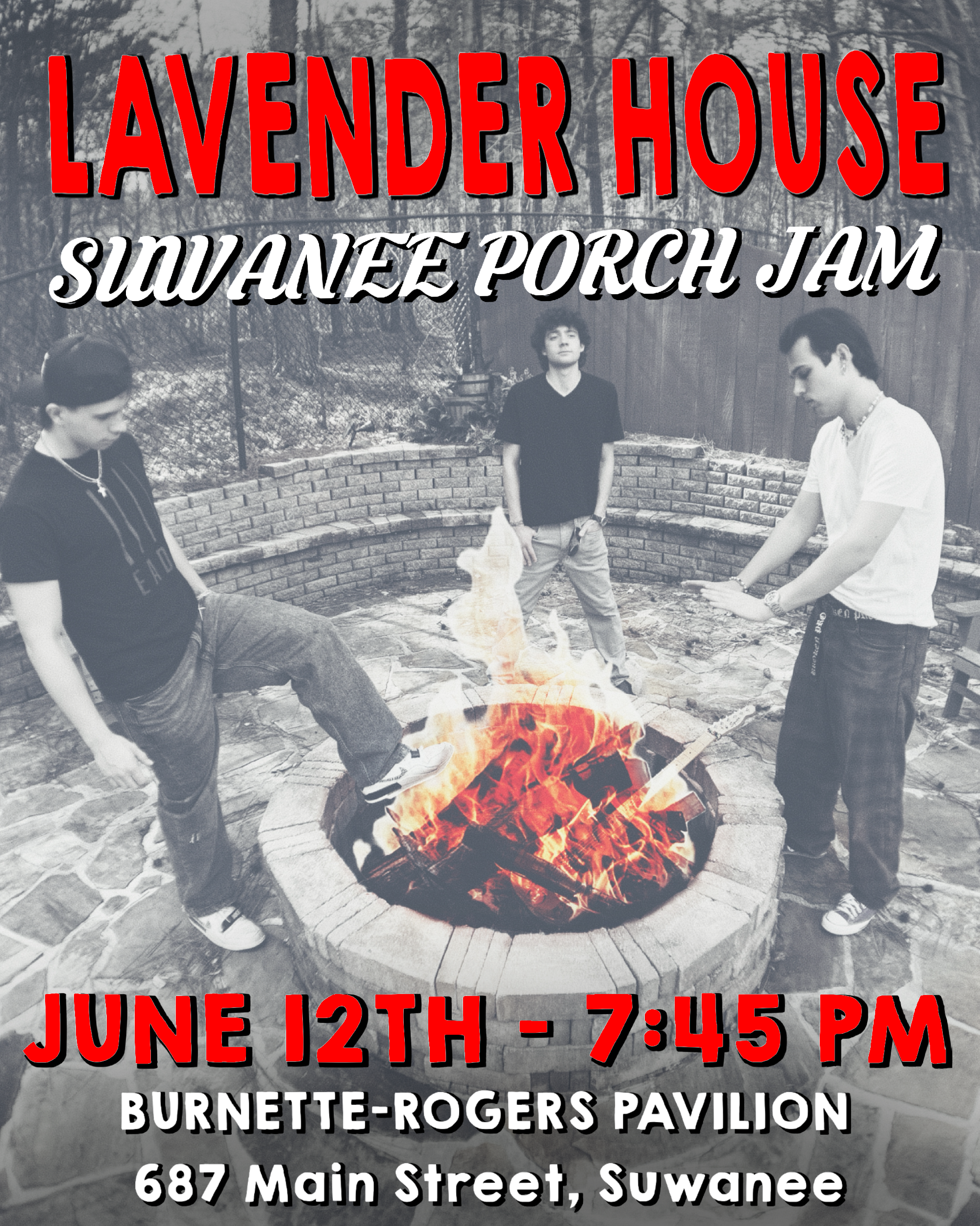 Event poster advertising a live music performance by Swanee Porch Jam at Burnette Rogers Pavilion in Swanee on June 12th from 7:45 PM, with additional details about the location at 687 Main Street, Suwanee.