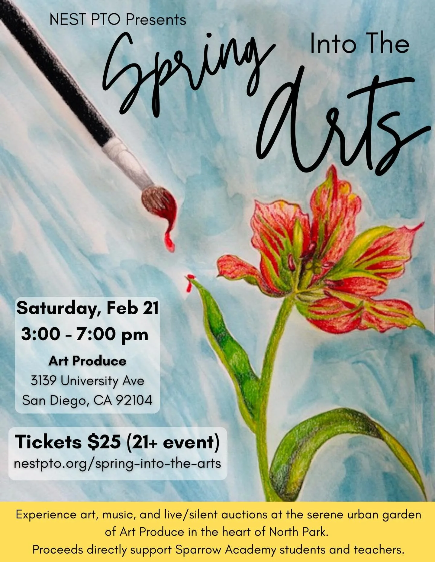 Join us Saturday, February 21st for Spring Into the Art. All Sparrow past, present and future families are welcome to attend.

Spring Into the Arts
Art Produce
3139 University Ave
San Diego, CA 92104
21+
3pm-7pm

This fundraiser is located at Art Pro