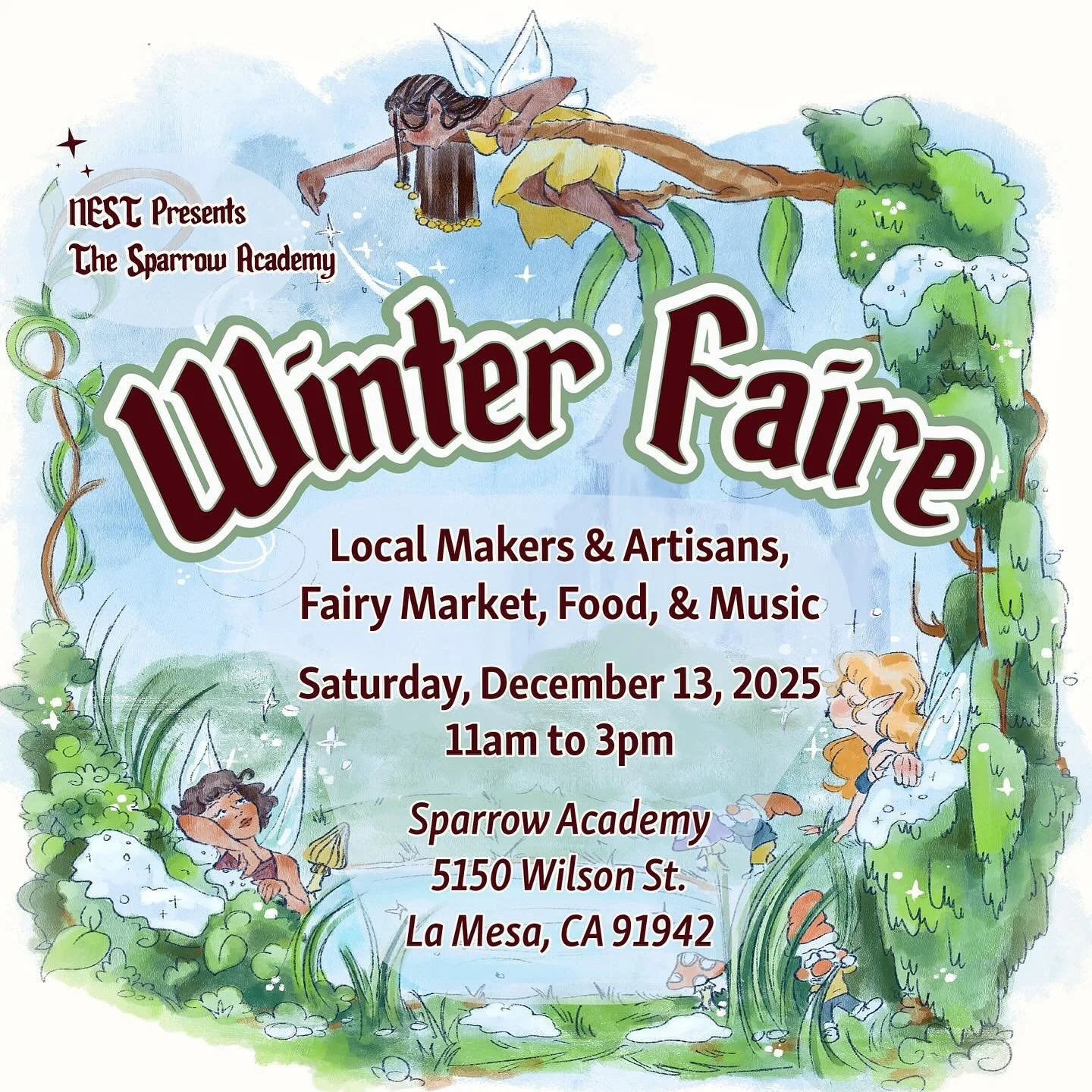 You are invited to the annual Sparrow Academy Winter Faire, presented by NEST PTO. Join us on Saturday, December 13th on campus from 11am-3pm! This event is open to the public. 

We will have food and music as well as some amazing market vendors.

Ch