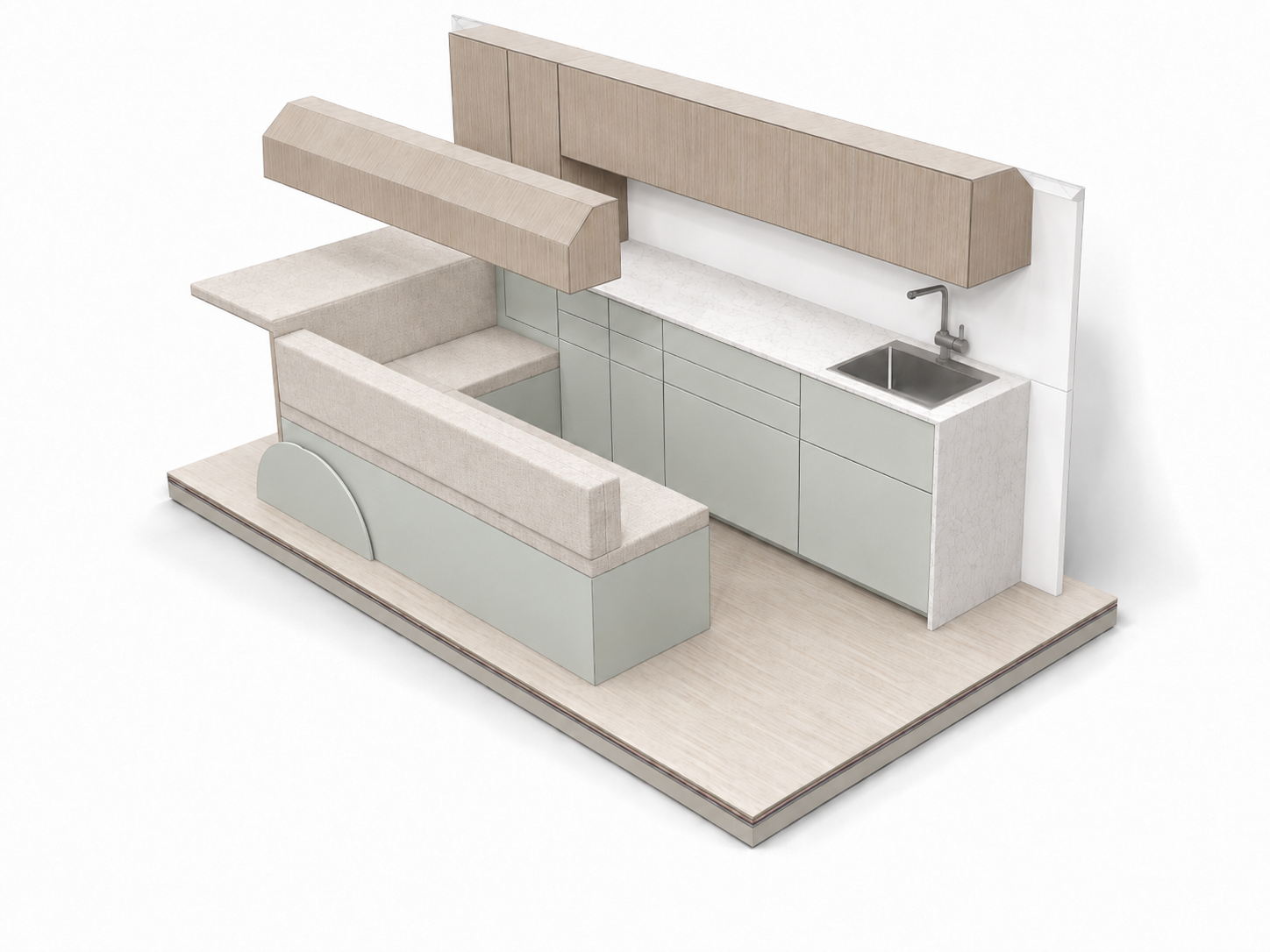 3D layout render of the Roamer Vans Lagom van conversion design — bench seating and galley kitchen