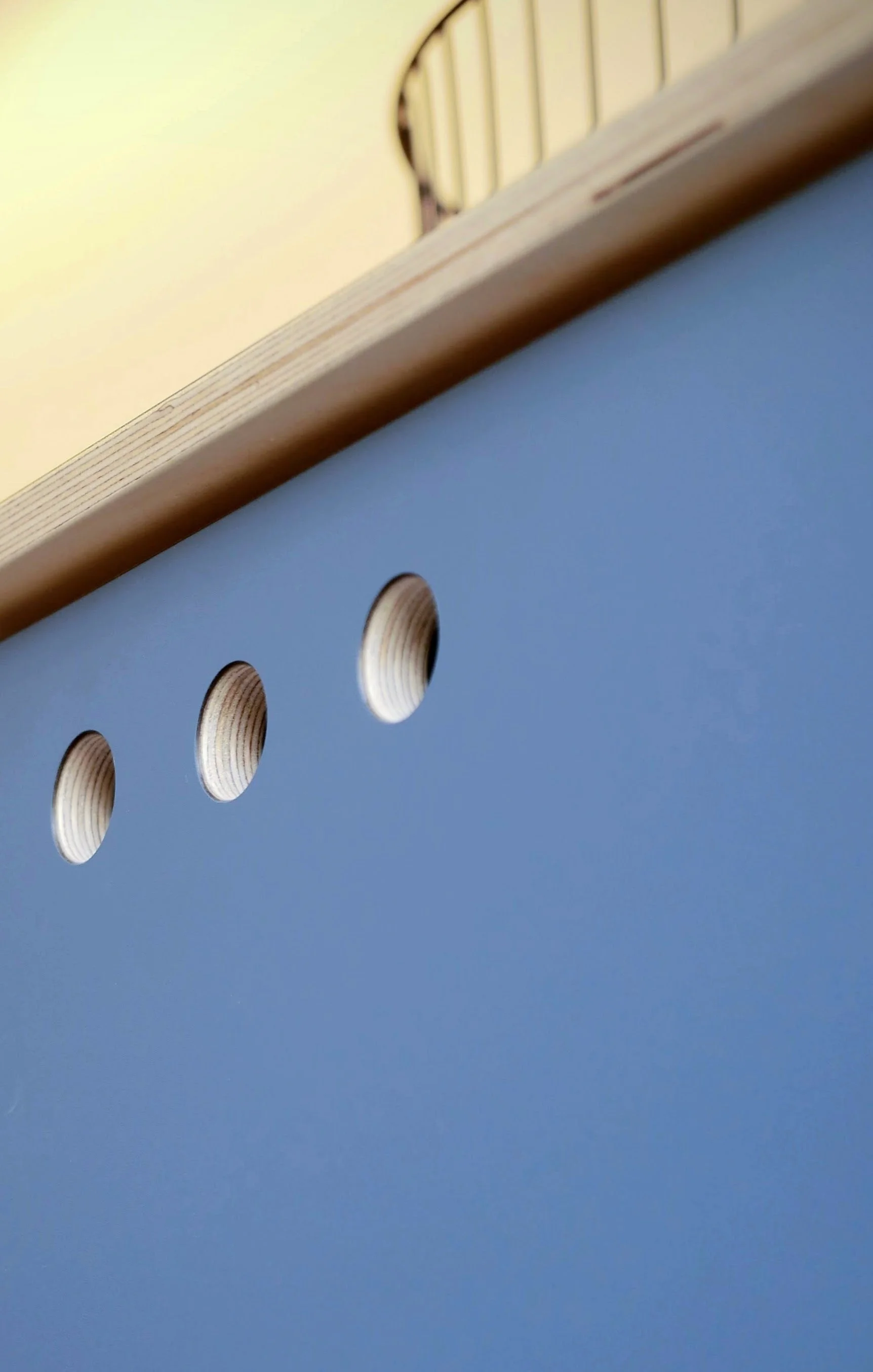 Cabinet detail in 'Nordlys' — three circular cutouts routed into a blue-laminate panel revealing the birch plywood beneath, a signature handcrafted detail of the Roamer Vans Reserve Series