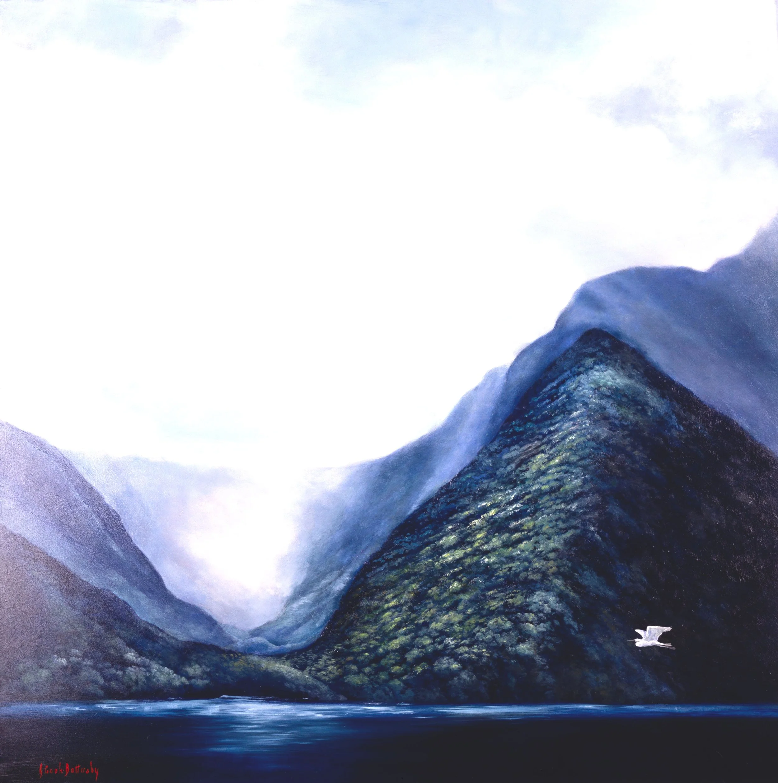 MIST IN MILFORD SOUNDS- FLIGHT OF THE KOTUKU-NZ Oil Painting on Wooden Substrate 1000x1000mm SOLD 