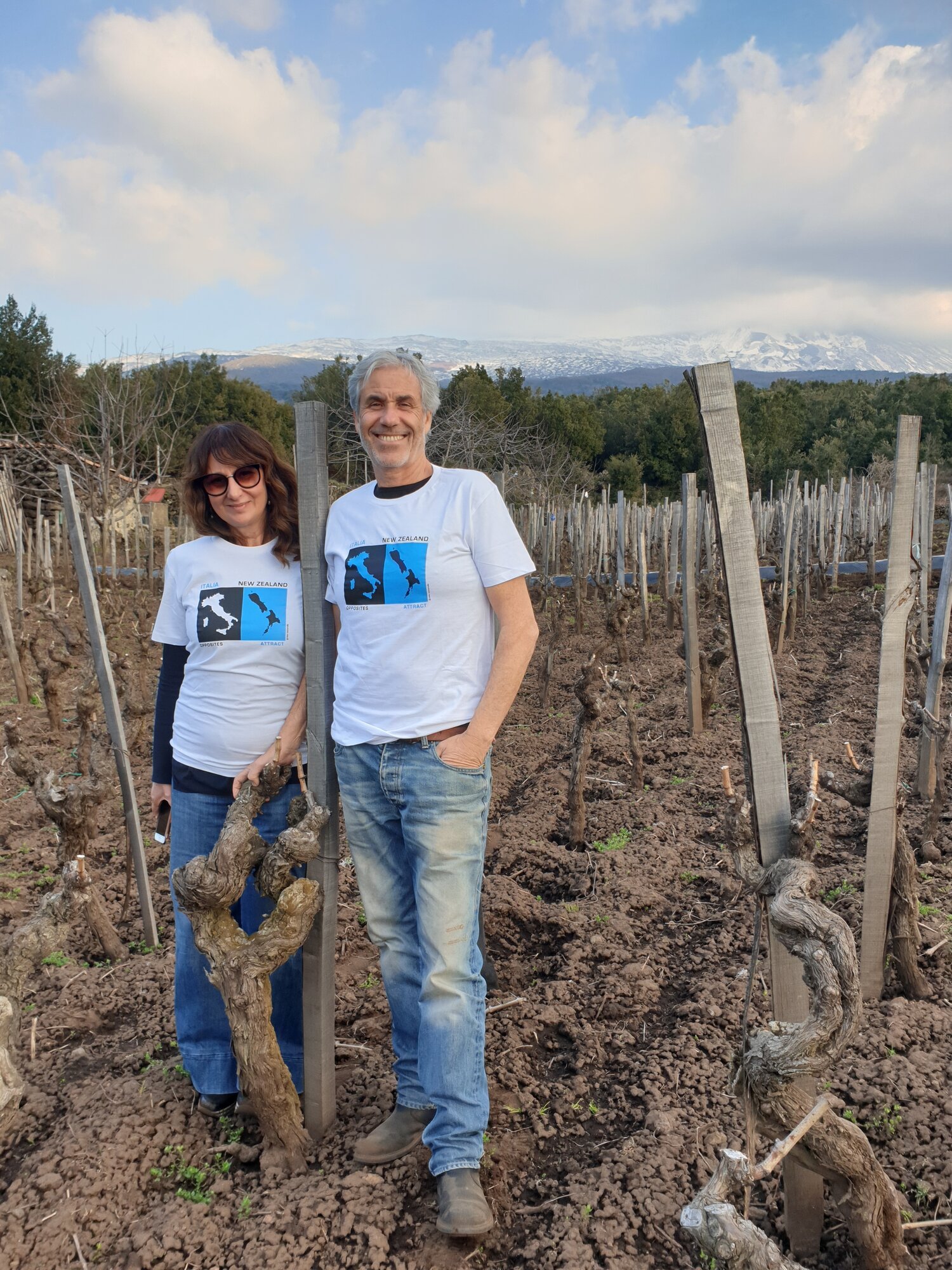   Salvo and Maria Grazie in Vigna Bosco, 1300 m, on Etna’s north face, home to their ancient vines. They’re wearing the T-shirts I gave them; it was very cold that morning and at that altitude!  