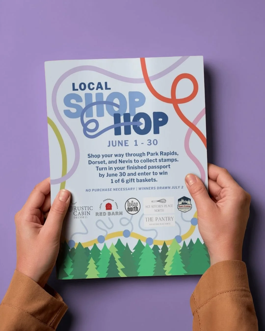 A quick postcard design 💃🏻 

One of my favorite shop owners up north&trade;️ (iykyk) is hosting a Shop Hop for the month of June with 4 other businesses and asked me to create the posters, social media posts, and the actual postcards used for their