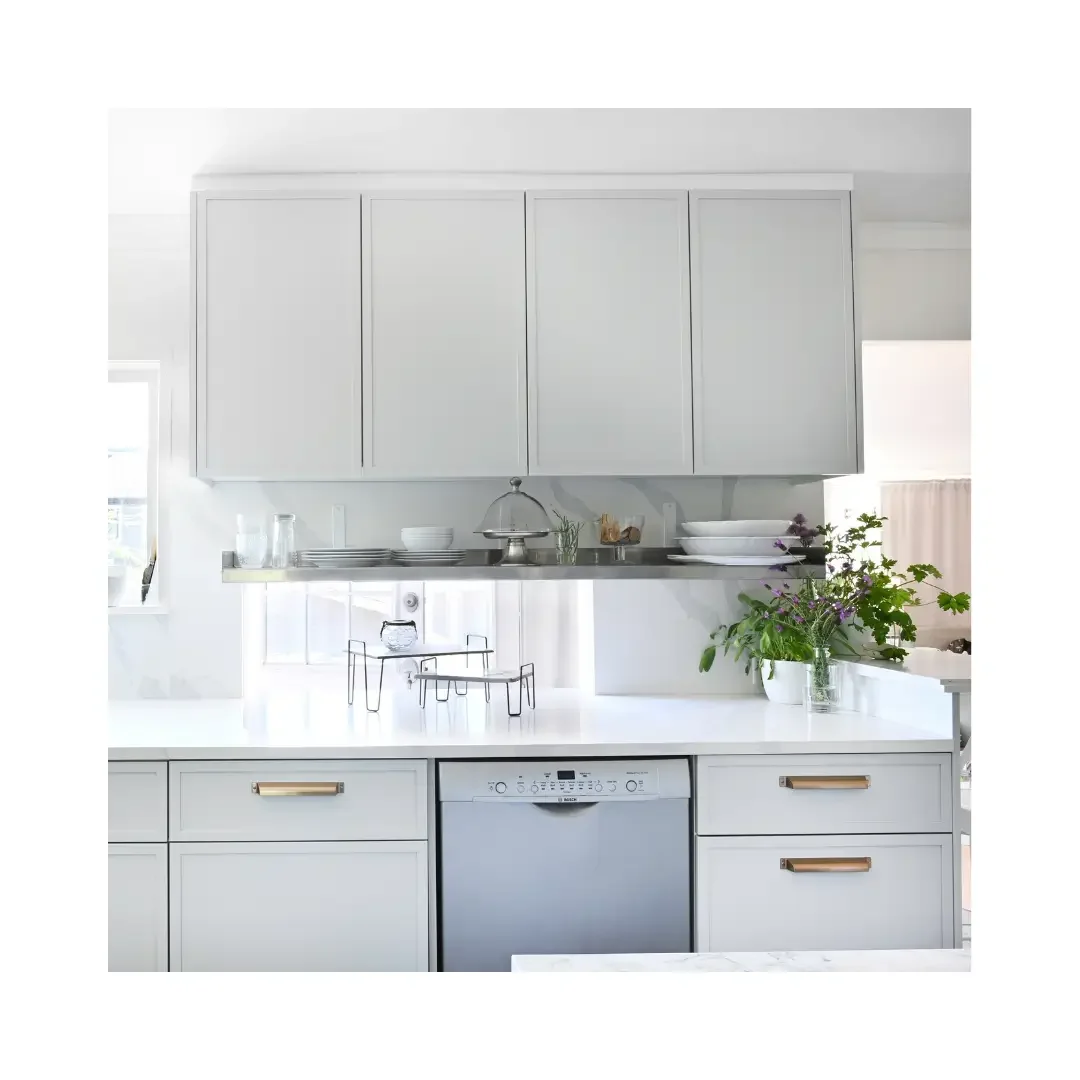 A modern kitchen featuring white cabinets and a stainless steel sink, showcasing a clean and bright design.