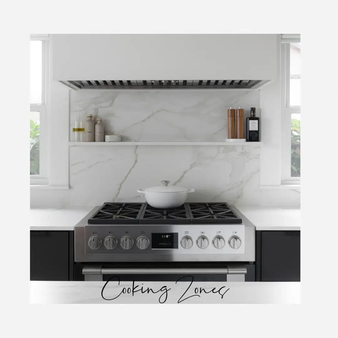 A modern kitchen featuring a stove and oven, with cabinets and countertops visible in the background.
