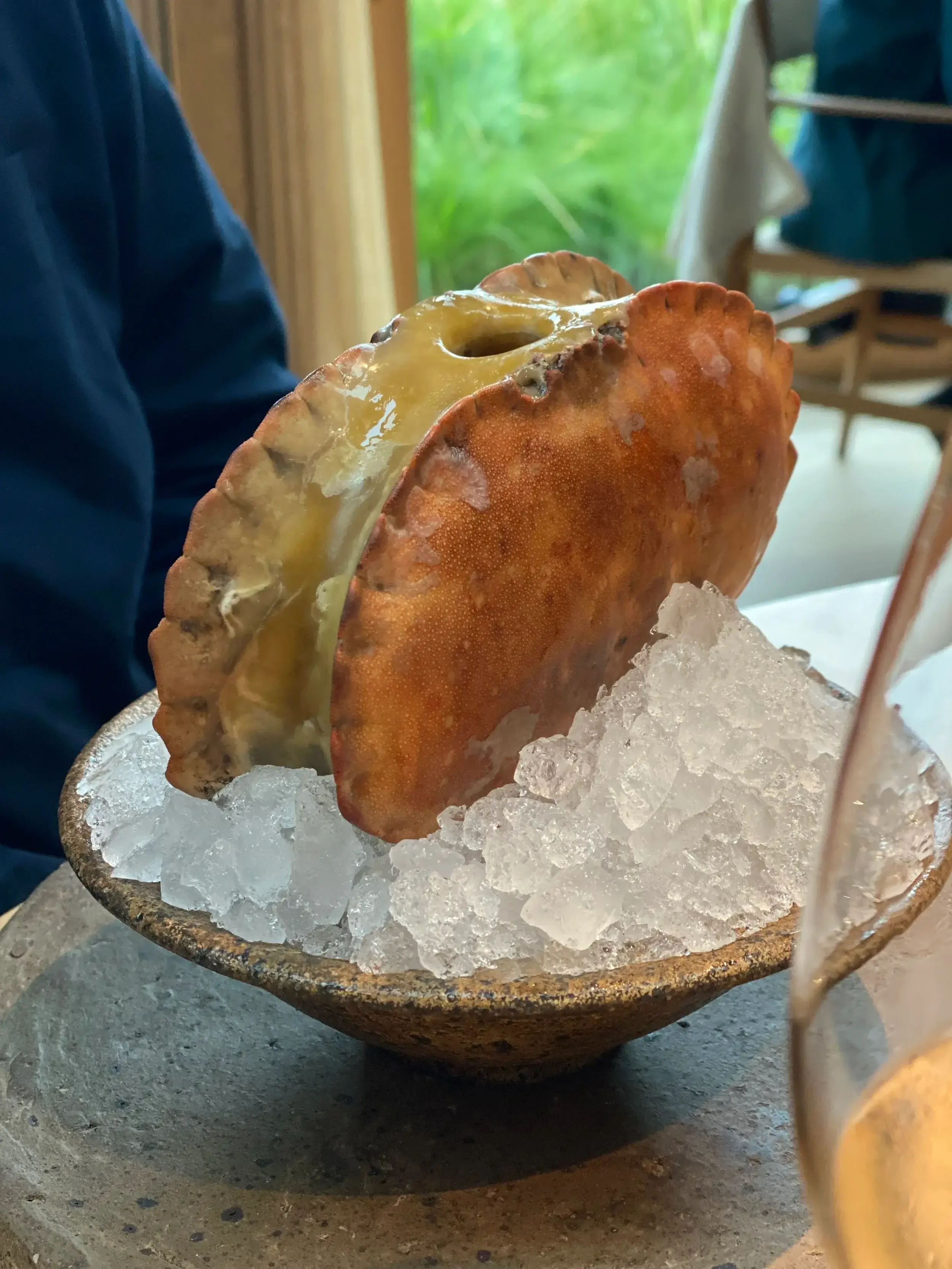 A crab resting on a bed of ice, showcasing its claws and shell in a cold environment.