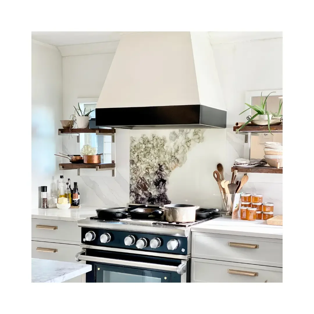 A modern kitchen featuring a stove and oven, with cabinets and countertops visible in the background.