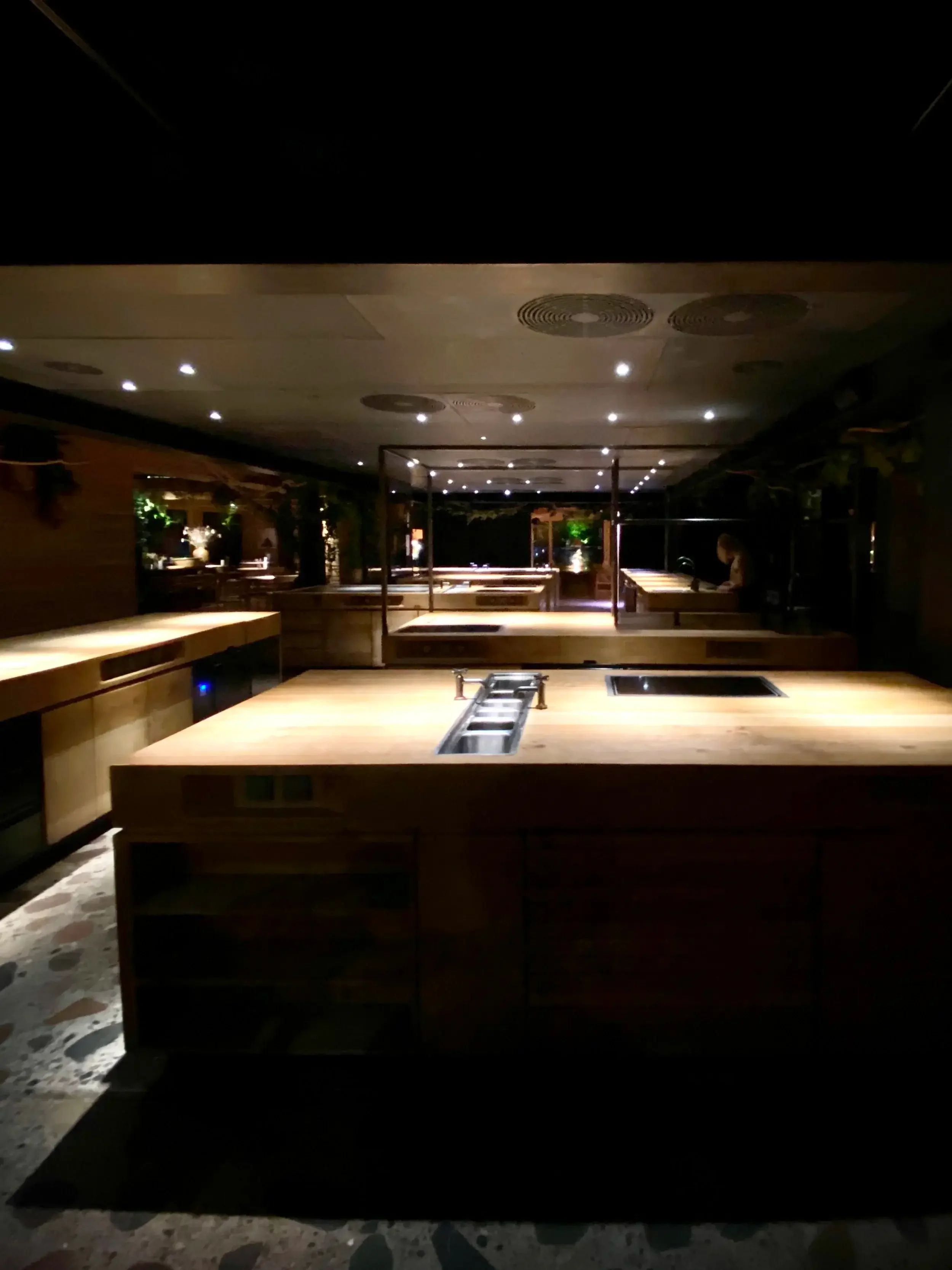 A kitchen featuring wooden counters and a stainless steel sink, showcasing a warm and inviting atmosphere