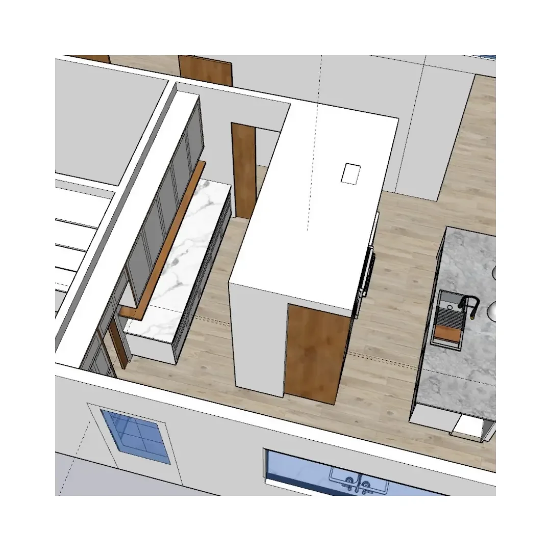A 3D rendering of a modern kitchen and dining area featuring sleek appliances and contemporary furniture.