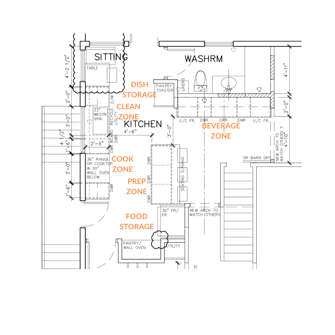 Floor plan depicting the layout of a kitchen and bathroom, highlighting appliances and fixtures for spatial planning.