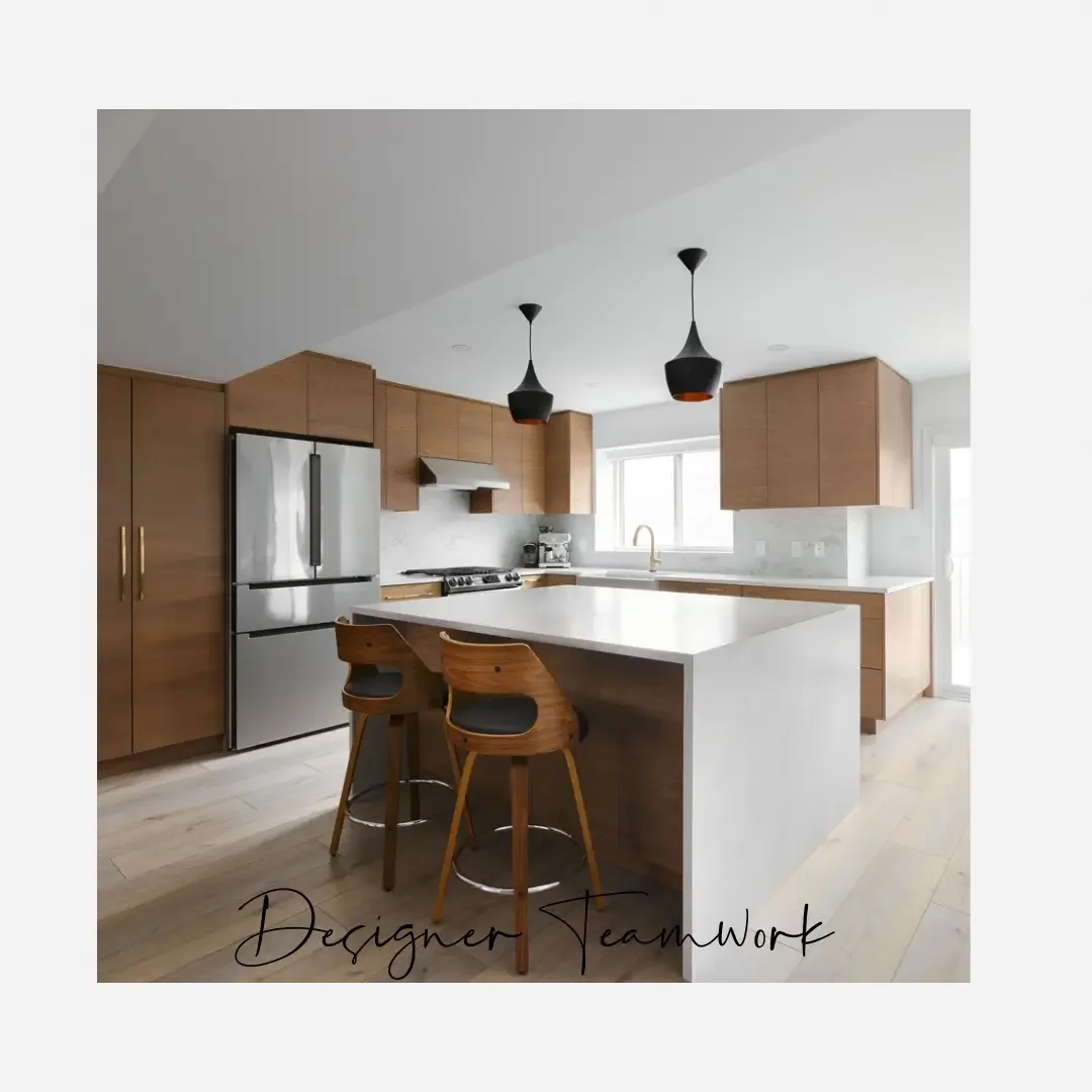 A modern kitchen featuring wooden cabinets and stainless steel appliances, showcasing a clean and organized space.