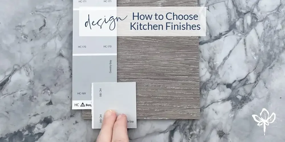 A visual guide illustrating various kitchen finishes, including countertops, cabinets, and flooring options for selection.