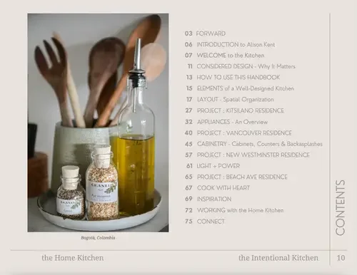 Page from a cookbook or kitchen guide showing a list of contents and a photo of wooden kitchen utensils and bottles of cooking oils and spices.