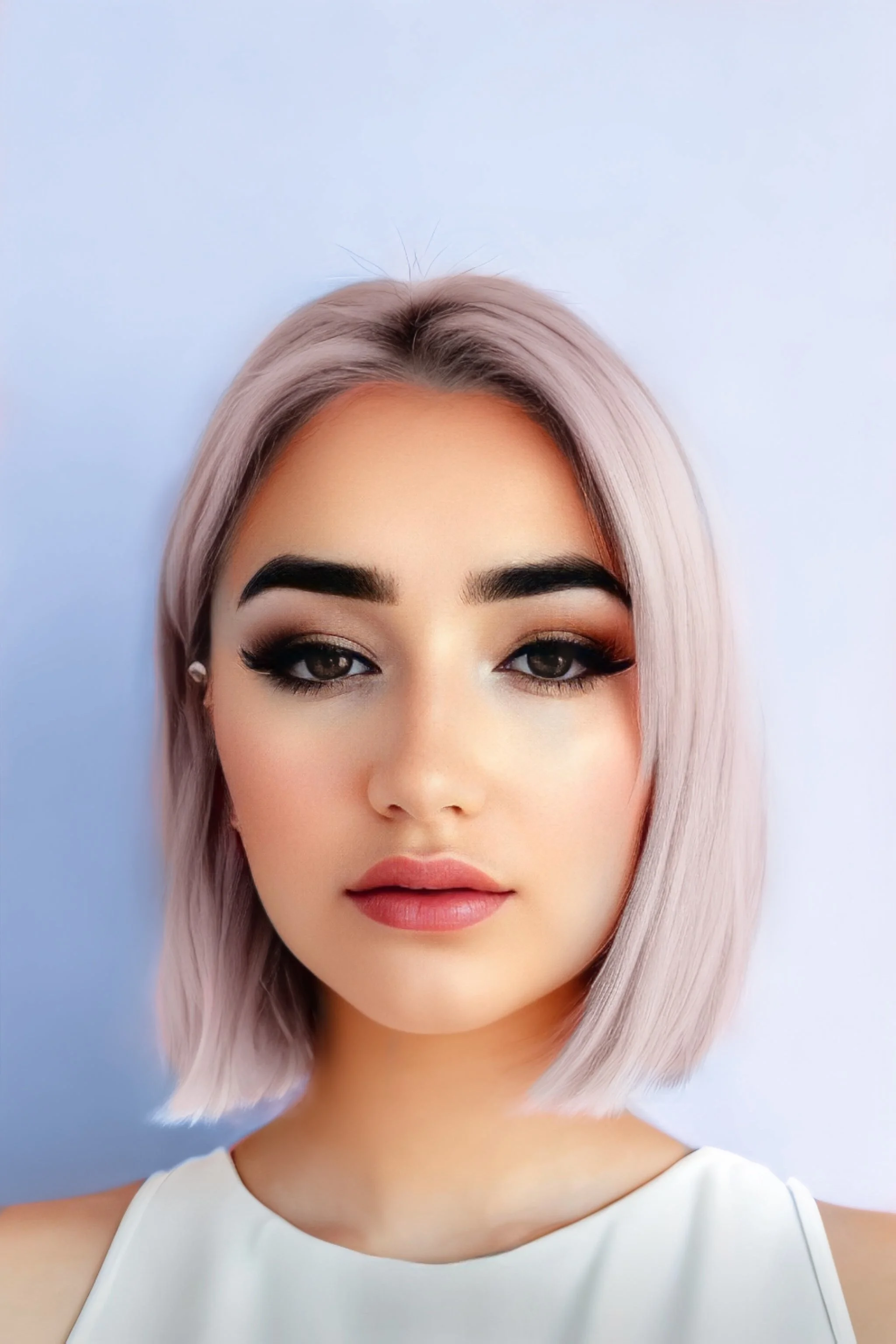A young woman with shoulder-length pastel pink hair, wearing makeup with bold eyebrows, eyeliner, and pink lipstick, dressed in a sleeveless white top, and standing against a light purple background.