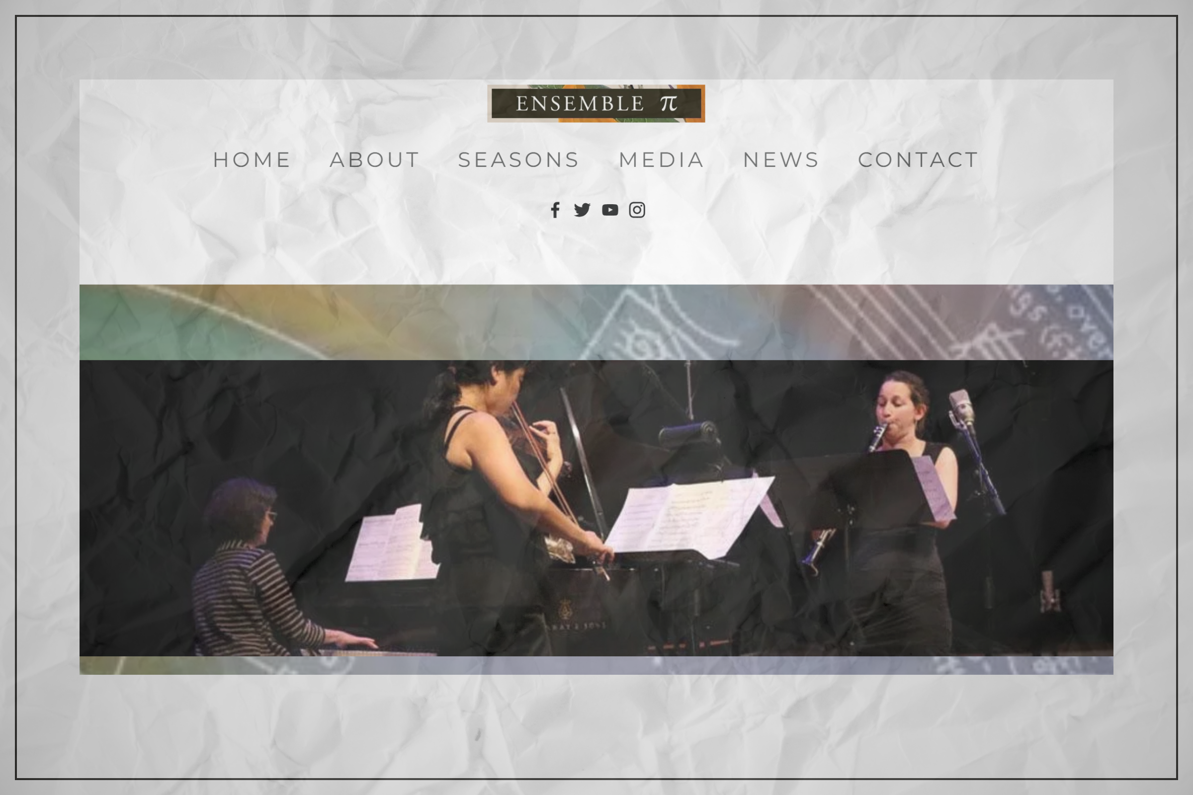 Screenshot of a website homepage for Ensemble Pi featuring a black and white photo of musicians playing string, piano, saxophone, and wind instruments on stage.