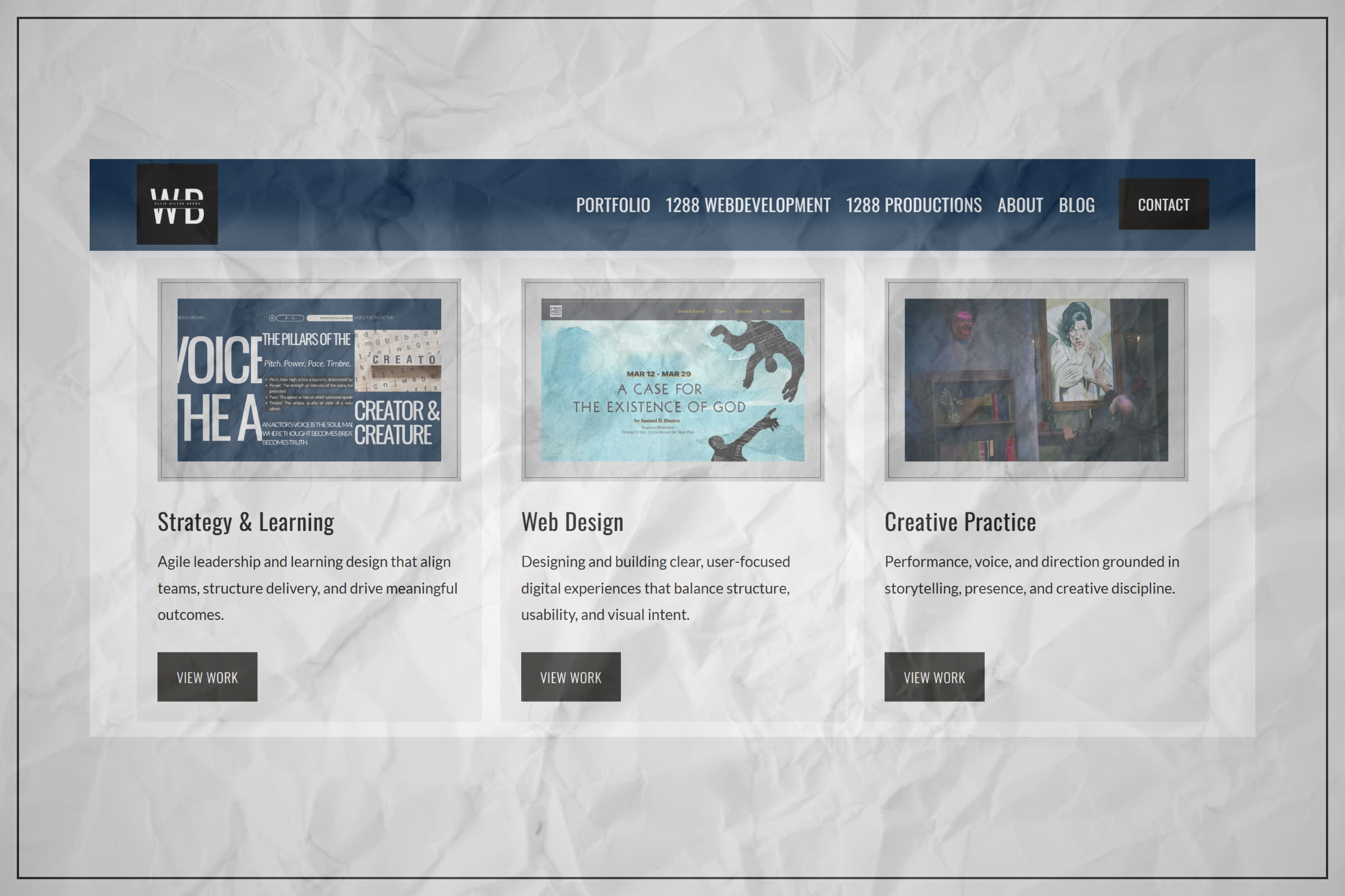Webpage featuring a portrait of David Wilson-Brown, smiling, wearing a gray shirt and blue tie, with a blurred neutral background. Top navigation menu with Home, About, Blog, Portfolio, 1288, Contact.