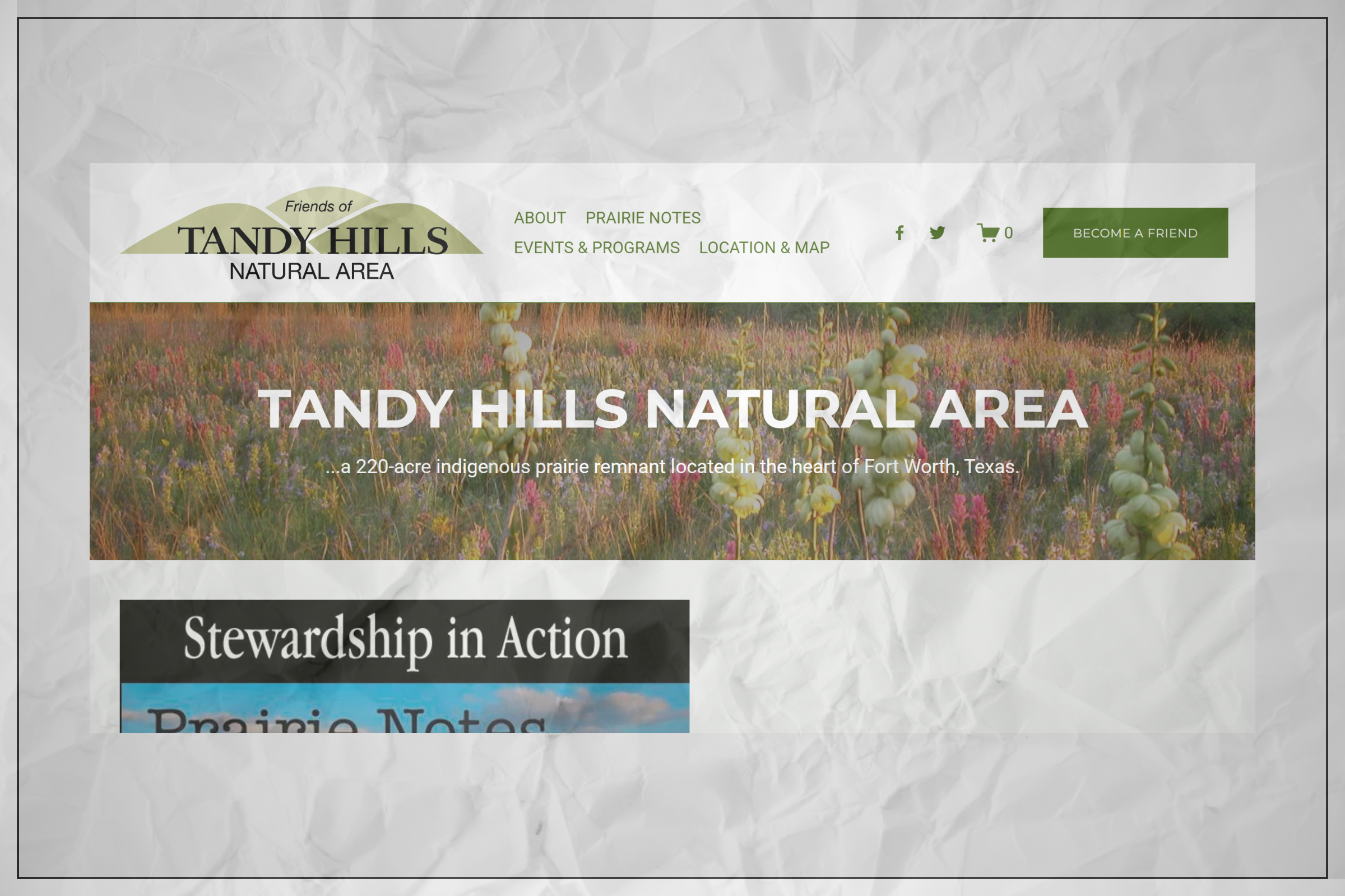 Screenshot of the Tandy Hills Natural Area website homepage showing a scenic view of prairie flowers and trees with site menu and logo.
