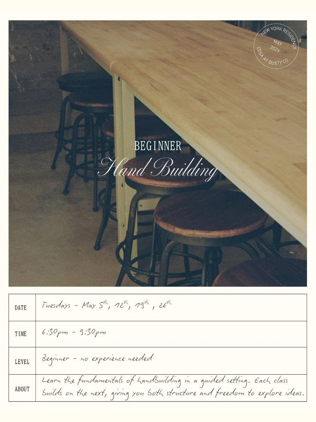 Beginner Handbuilding | Tuesdays 6:30pm (May)