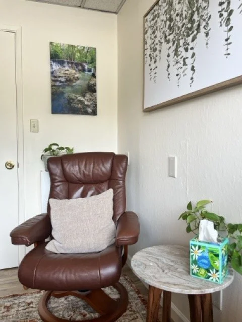 A cozy corner in a room with a brown leather armchair, a beige pillow, a small side table with a marble top, a tissue box, potted plants, and framed nature wall art.