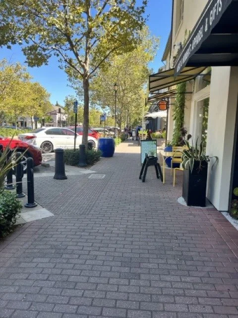 Sidewalk cafe with outdoor seating, potted plants, and a menu board outside a shop, with parked cars and trees lining the street.