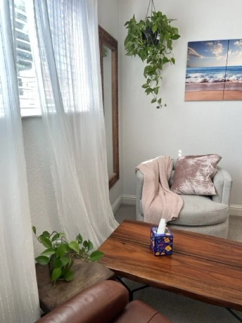 Cozy corner with a white armchair draped with a pink blanket and matching pillow, a wooden table with tissue box, large window with sheer white curtains, green hanging plant, and beach photo wall art.