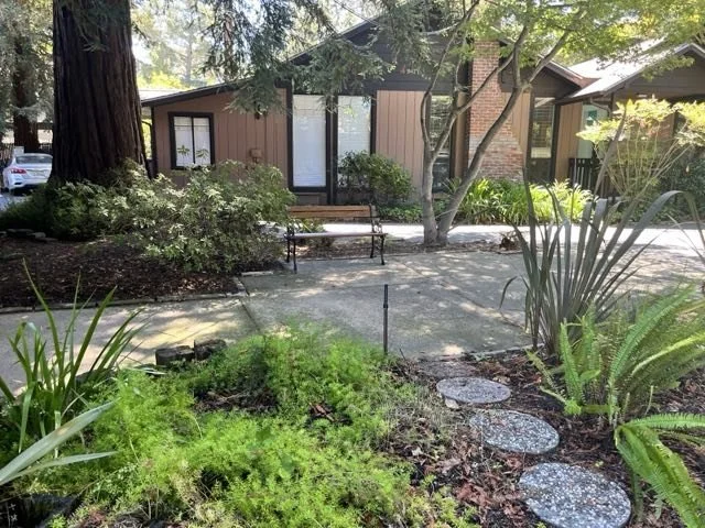 Residential house with a front yard, trees, bushes, and a stone path leading to the entrance.