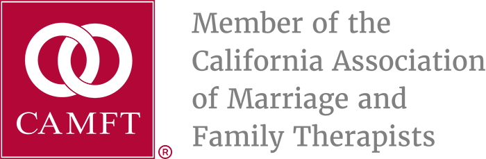 Logo for the California Association of Marriage and Family Therapists with black interconnected rings and the acronym 'CAMFT' in black on a red background, accompanied by gray text.