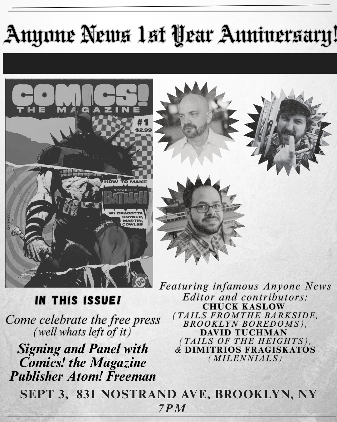 Anyone News 1 year anniversary party + signing &amp; panel with Comics! the magazine publisher Atom! Freeman