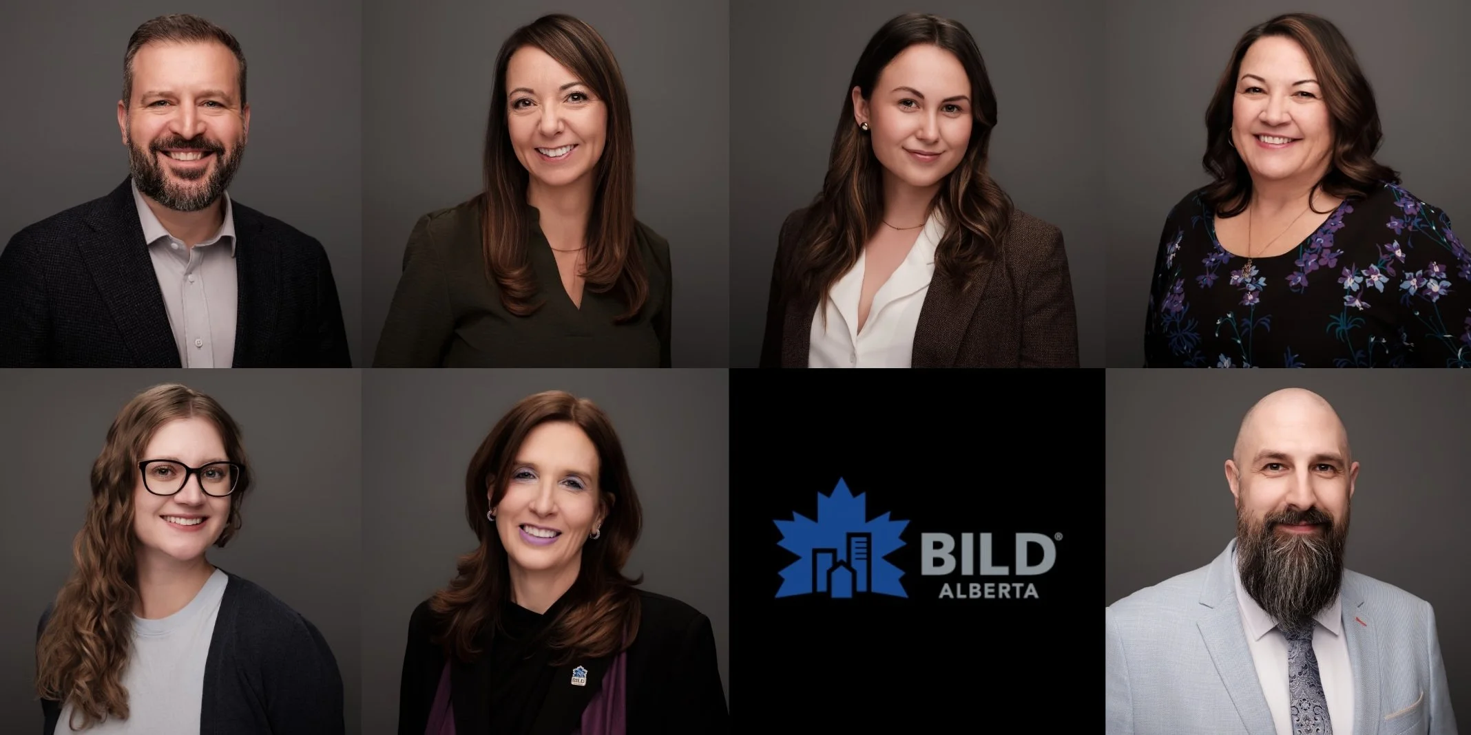 Group portrait of ten diverse professionals, five men and five women, with different hair colors and styles, wearing business attire, standing against a neutral background. The lower middle section features the logo of BILD Alberta, consisting of a b