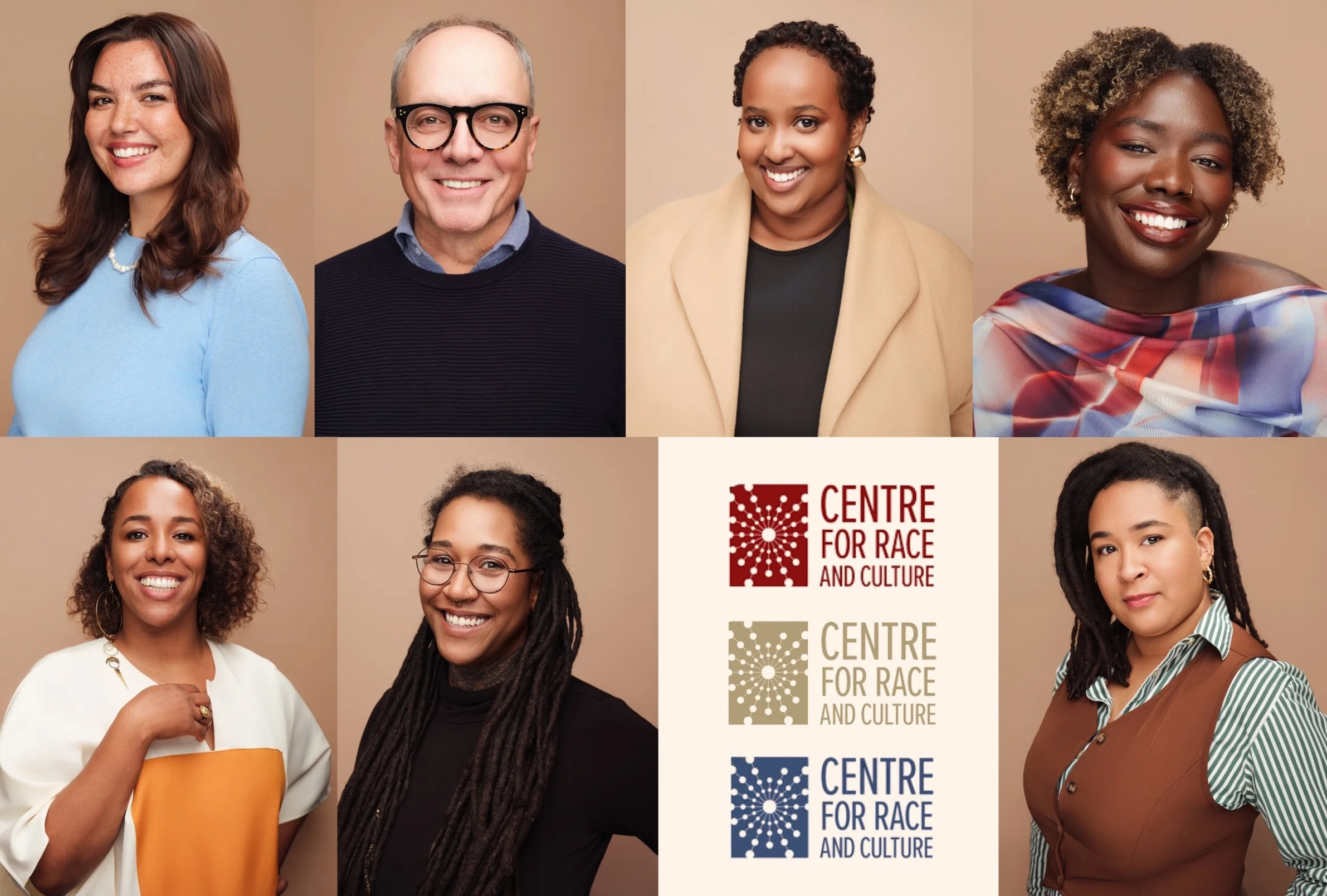 Group portrait of diverse individuals smiling, with logos of the Centre for Race and Culture in between them.