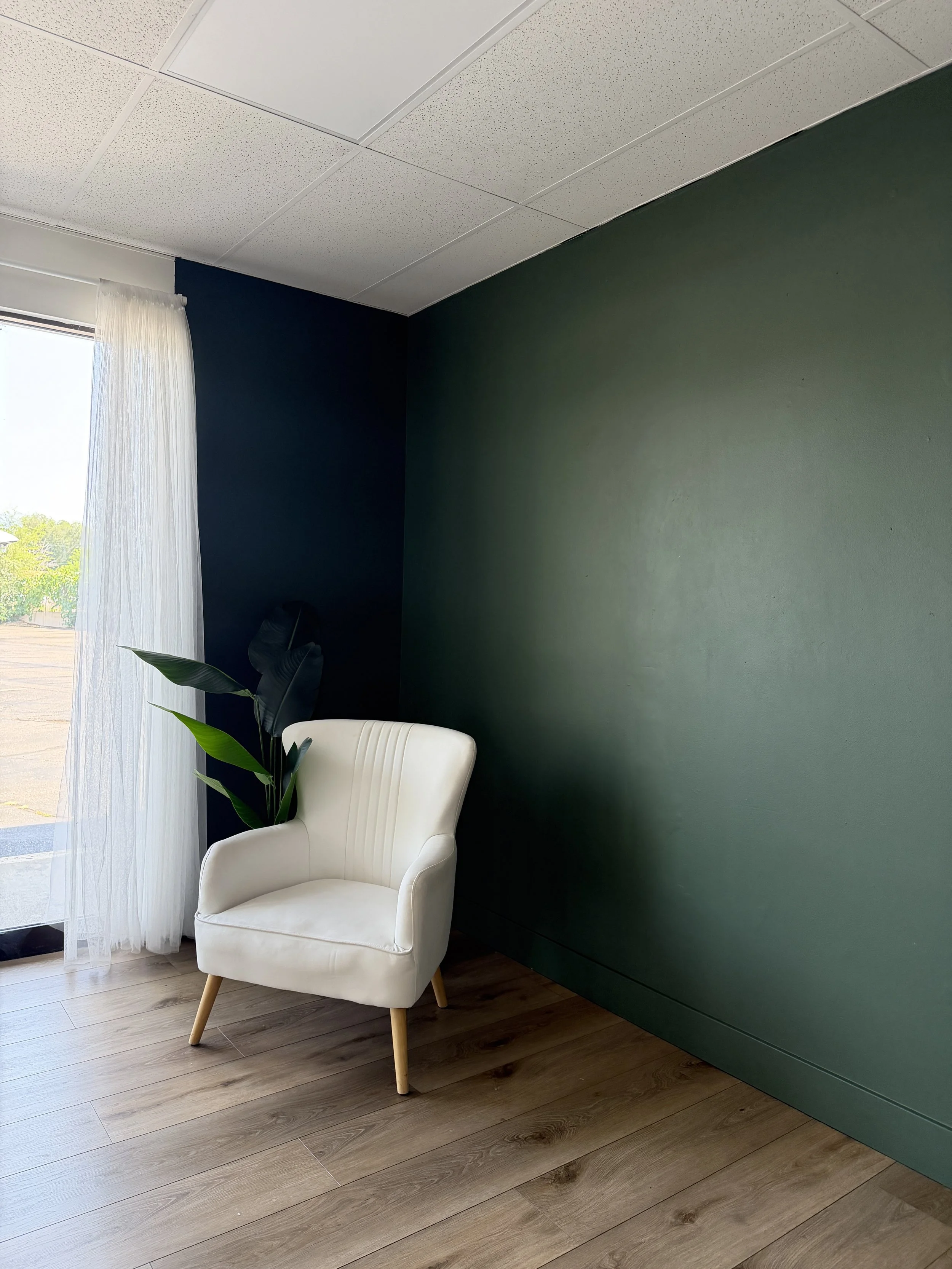 natural light photo studio green wall with white chair