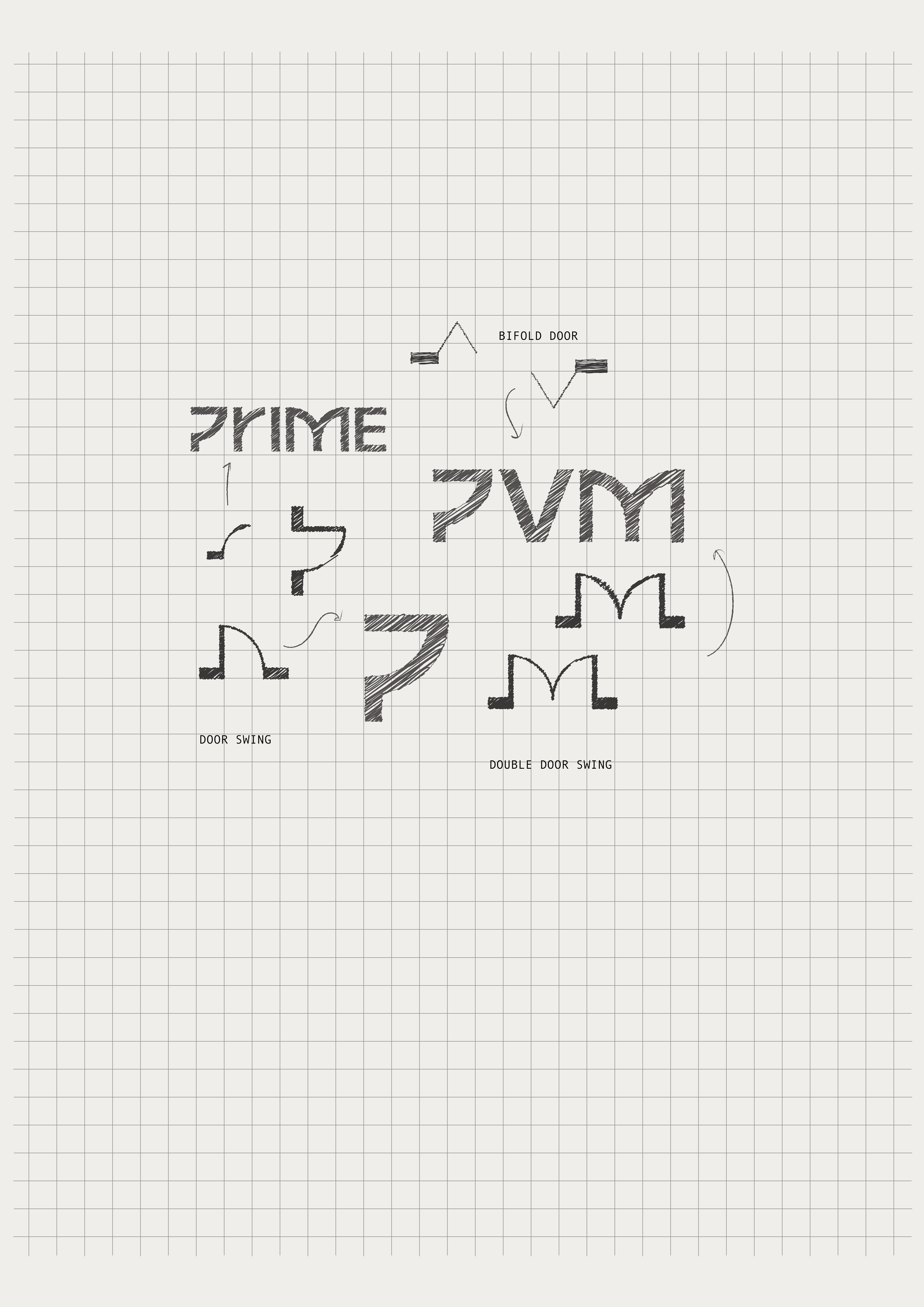 Diagram illustrating different types of door swings with labels, including single and double door swings and bifold door, with annotations for door swing directions and door features.