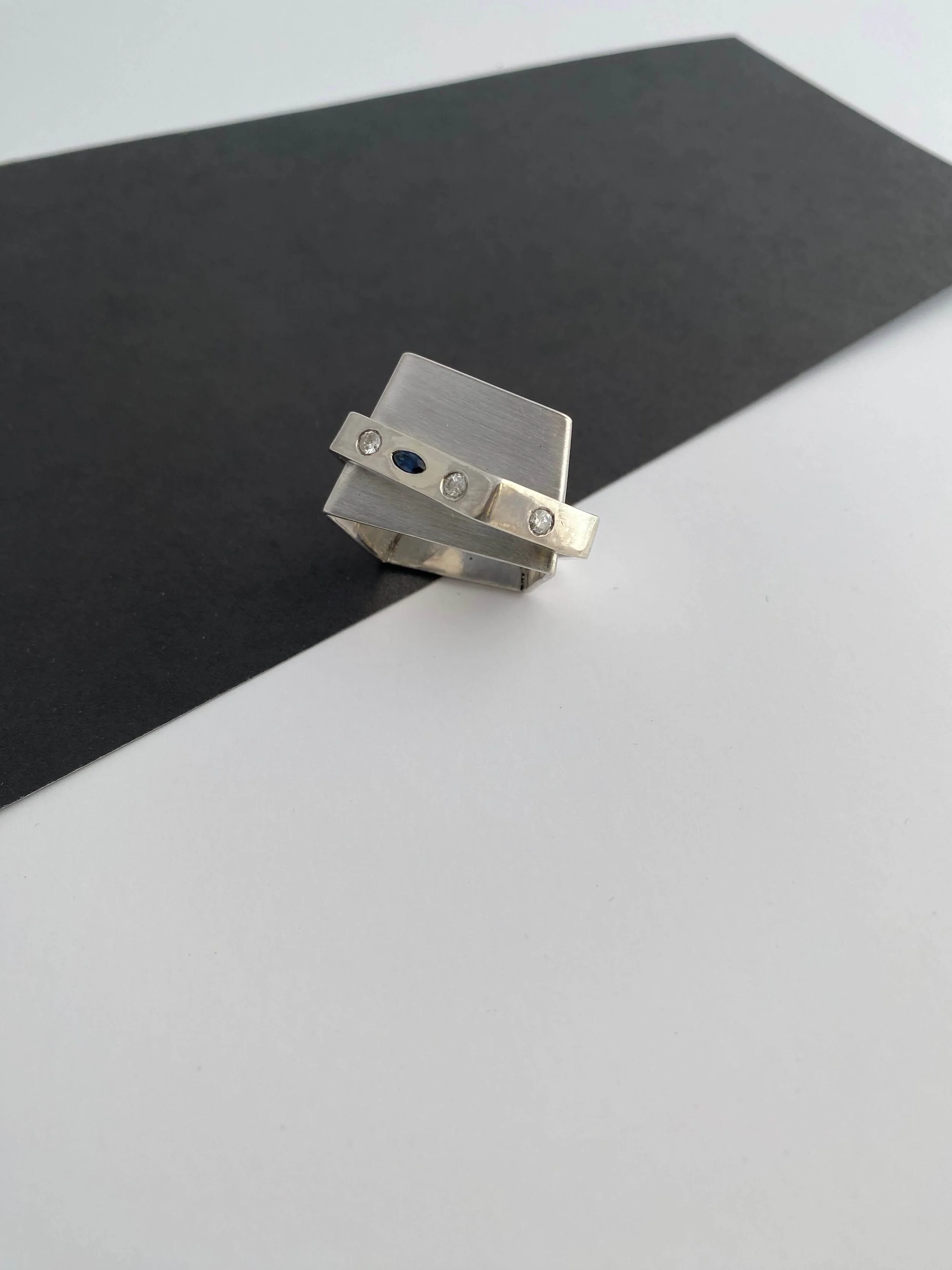 Geometric Diamond and Sapphire Silver Ring