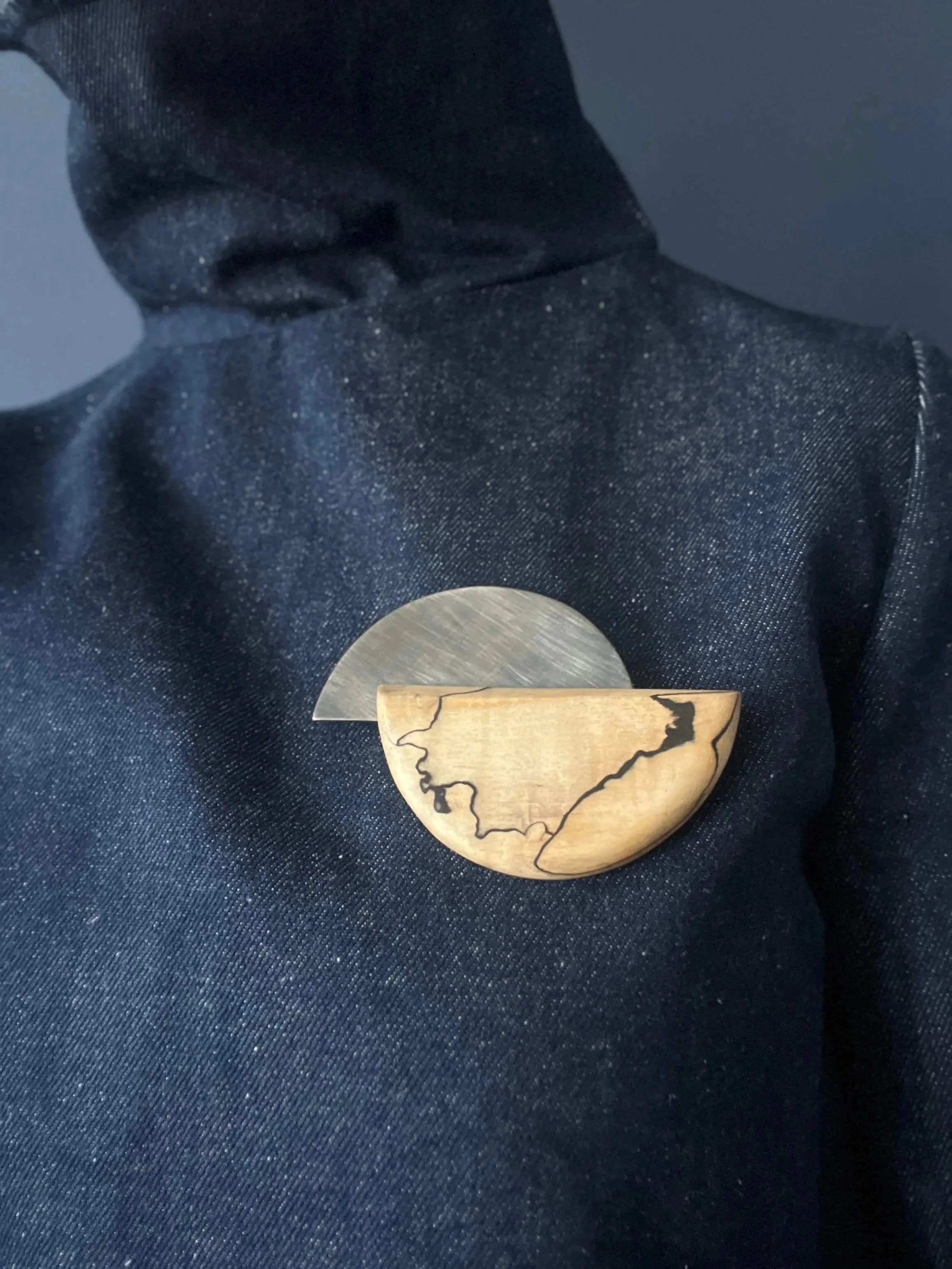 Beechwood and blackened silver modern brooch