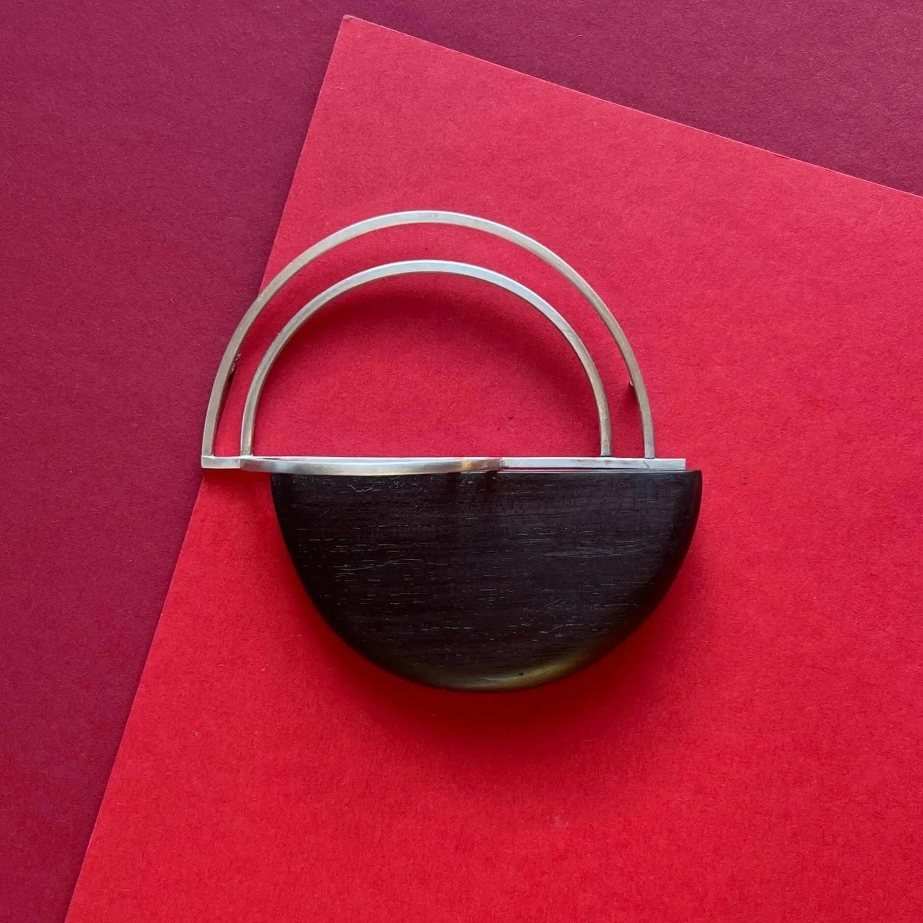 Handcrafted Silver metal and dark wood brooch