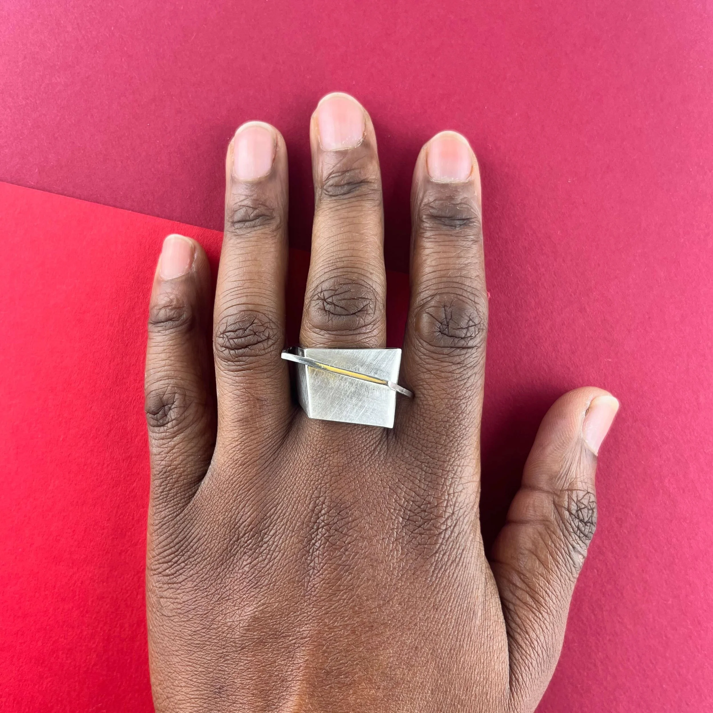 Large Geometric Silver Ring with Silver Band